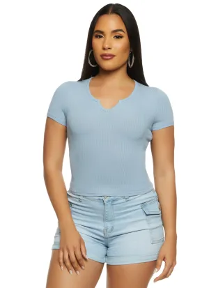 Basic Ribbed Notch Neck Tee