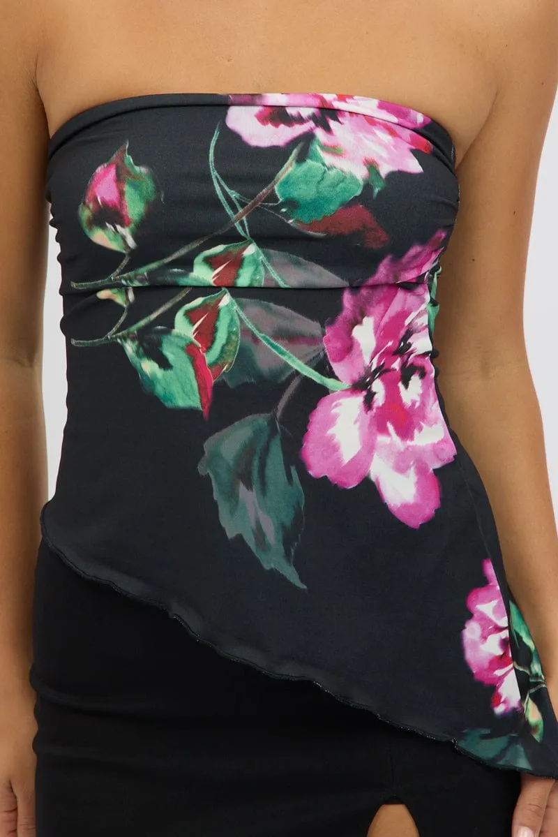 Black Floral Bandeau Top