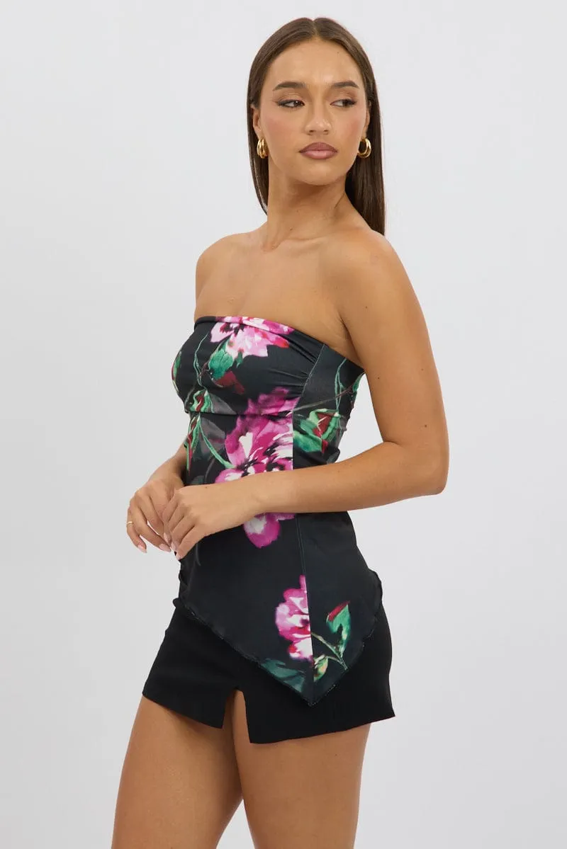 Black Floral Bandeau Top