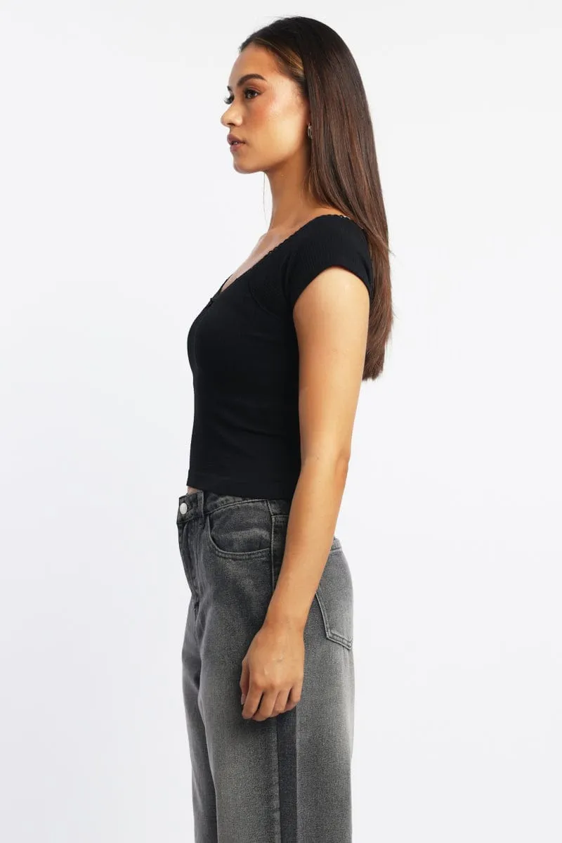 Black Seamless Top Short Sleeve Picot Trim Rib