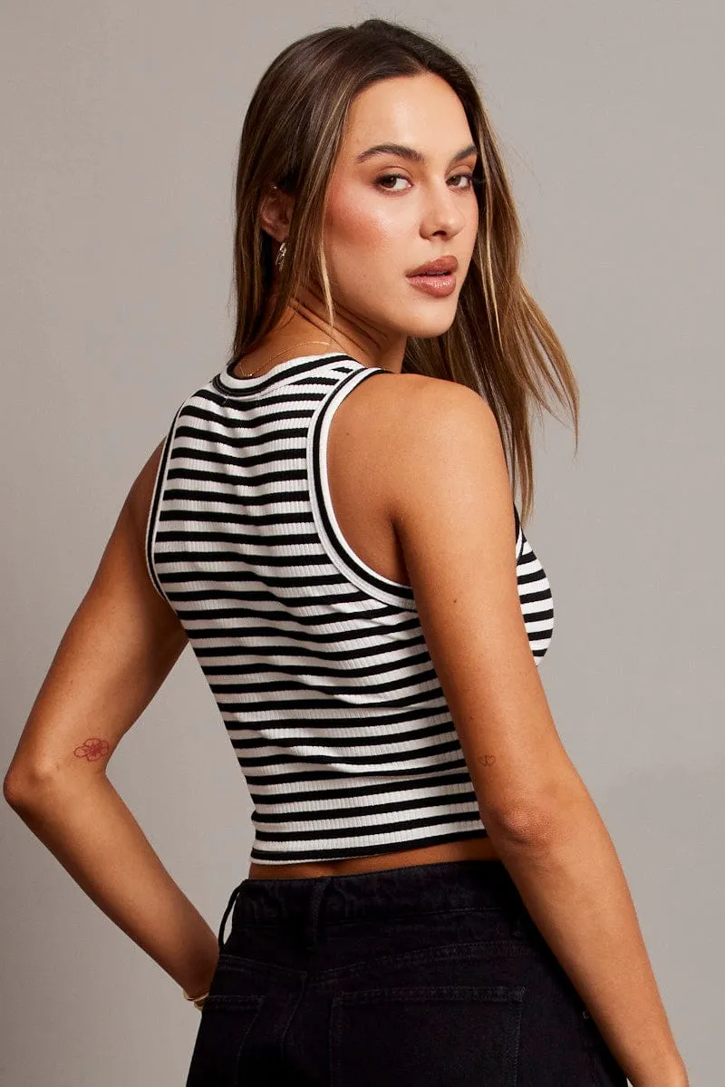 Black Stripe Tank Top Crew Neck
