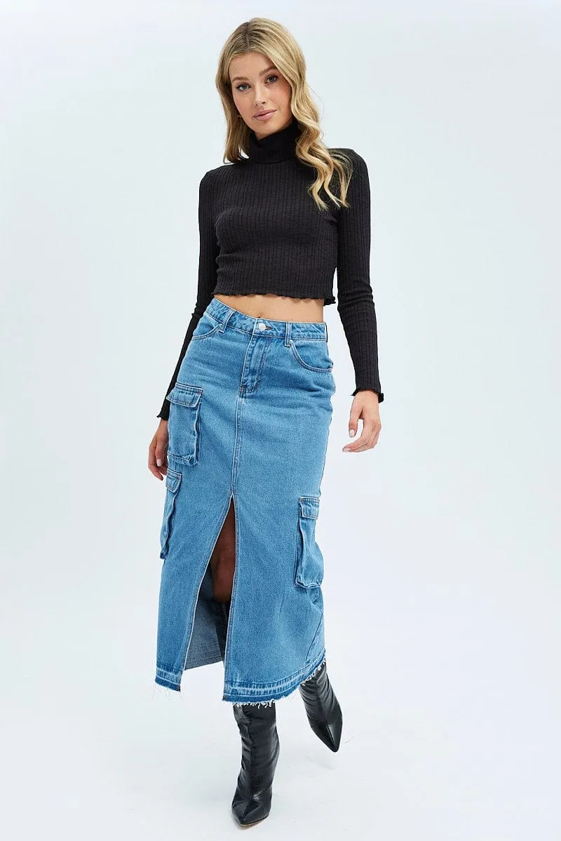 Black Top Long Sleeve Roll Up Neck