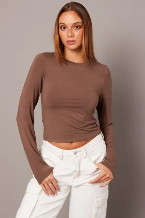 Brown Top Long Sleeve Crew Neck Modal