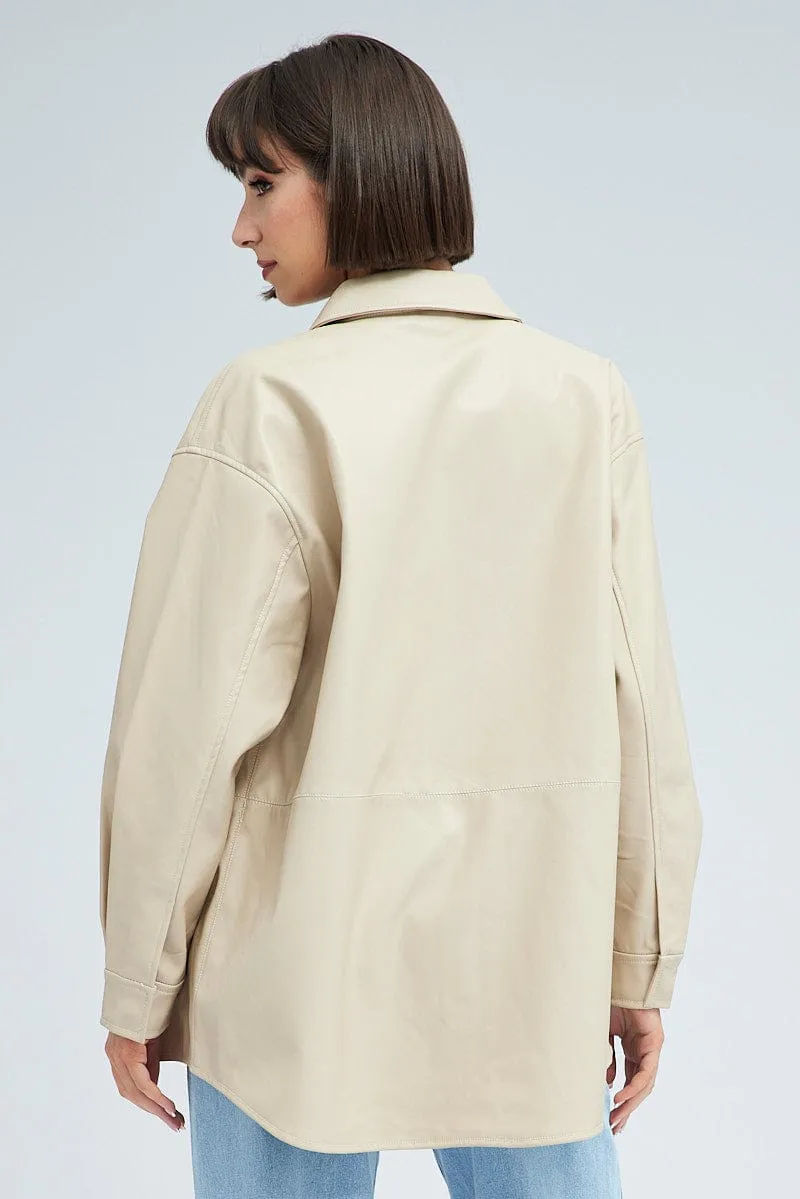 Camel Shirt Collar Long Sleeve Faux Leather