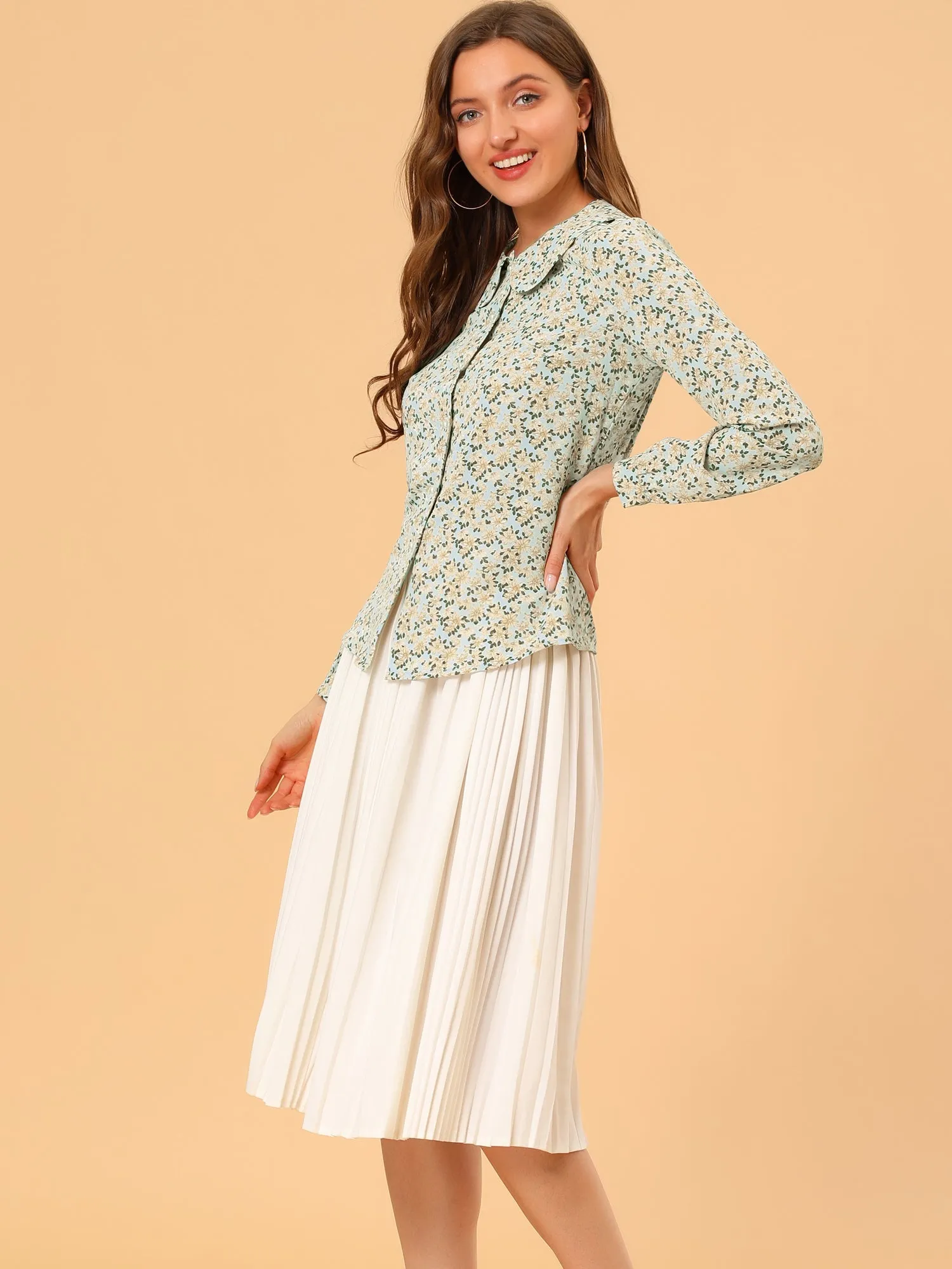Casual Peter Pan Collar Floral Button Down Shirt