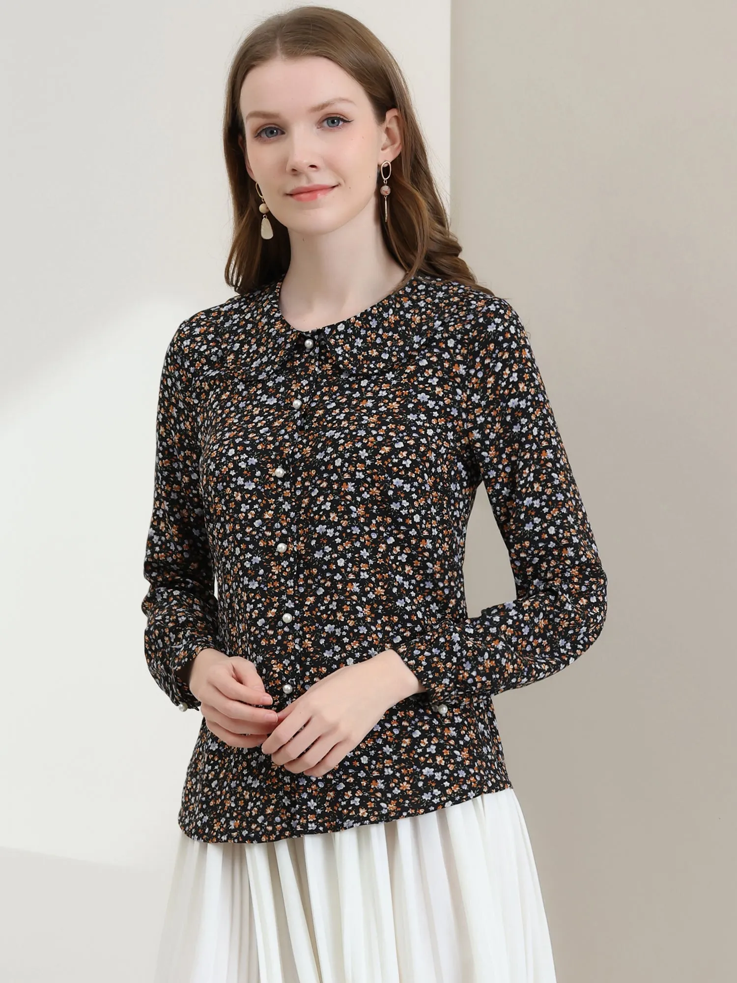 Casual Peter Pan Collar Floral Button Down Shirt
