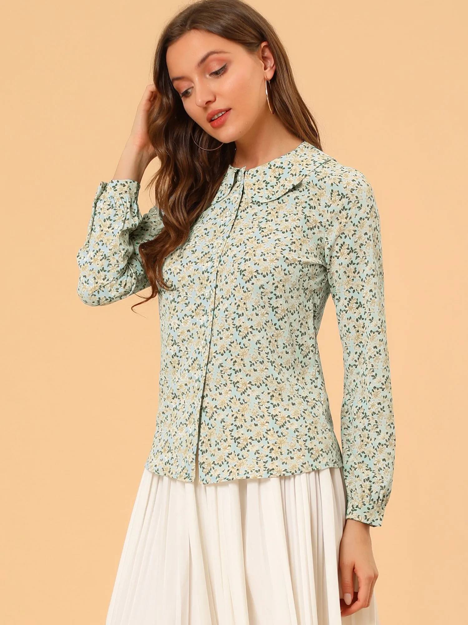 Casual Peter Pan Collar Floral Button Down Shirt