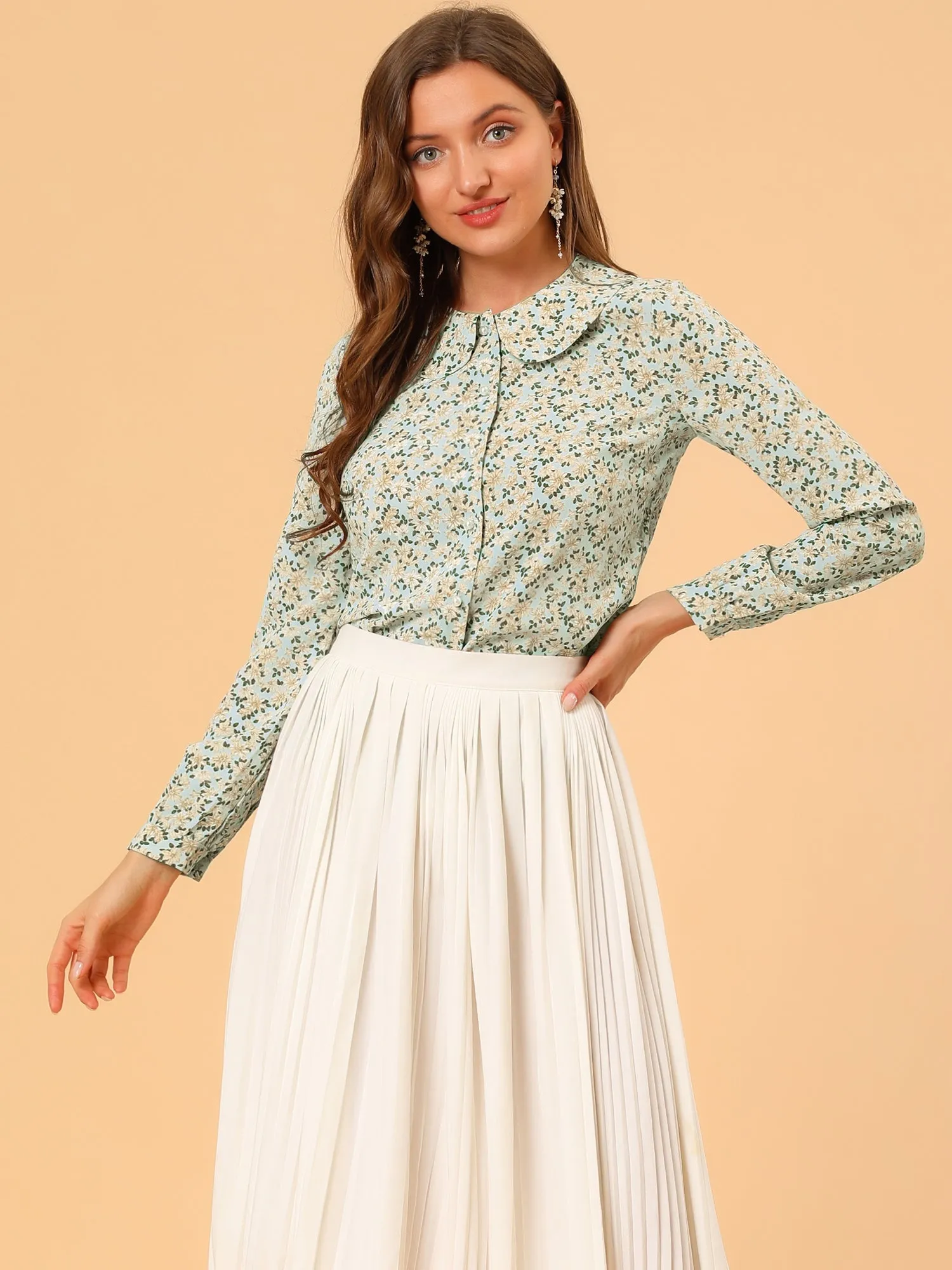 Casual Peter Pan Collar Floral Button Down Shirt