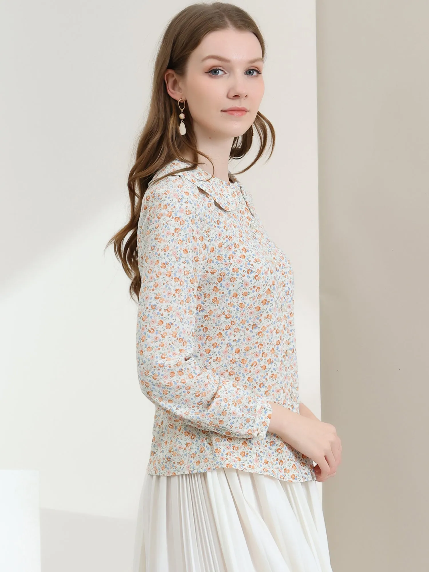 Casual Peter Pan Collar Floral Button Down Shirt