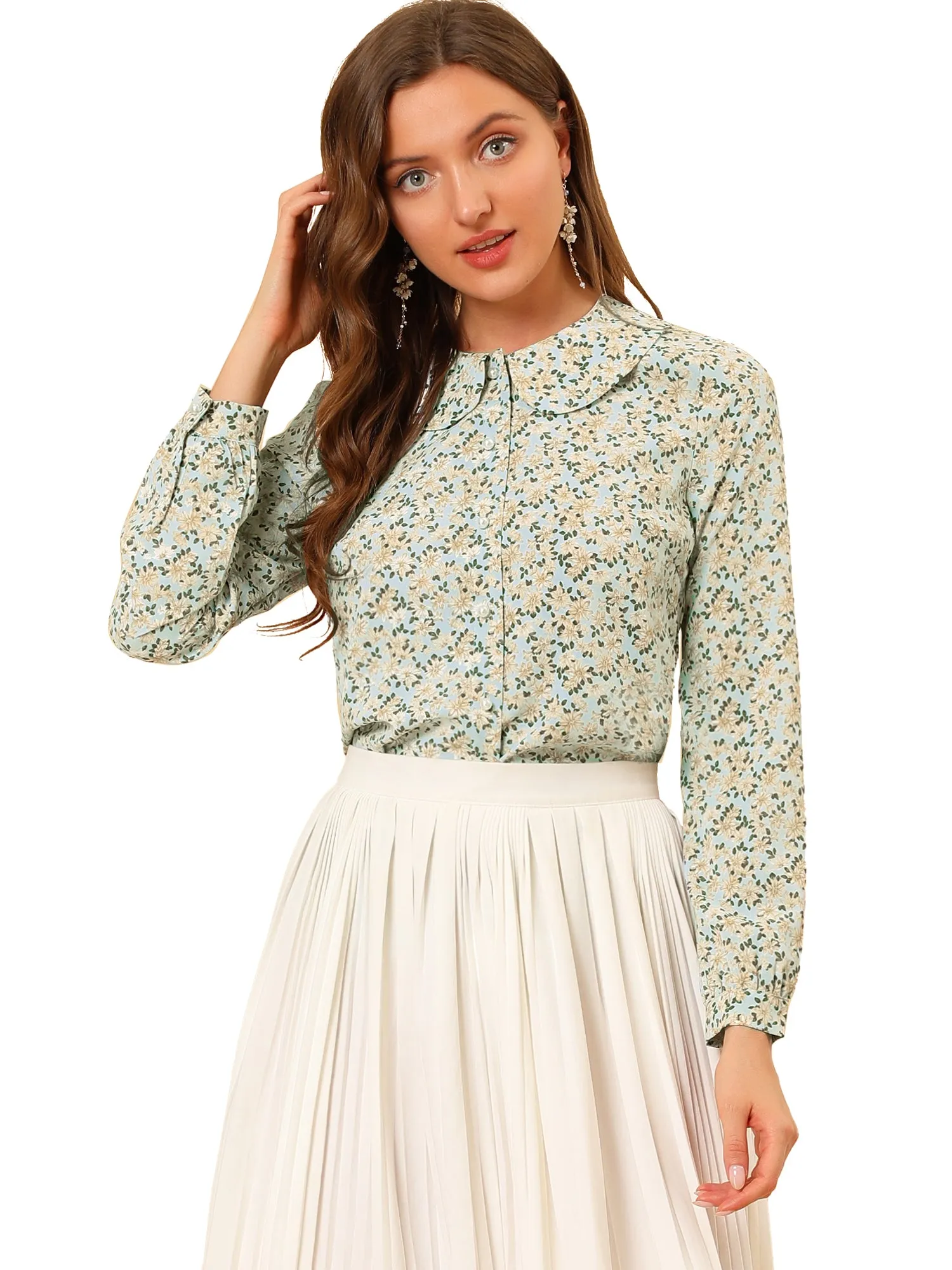 Casual Peter Pan Collar Floral Button Down Shirt