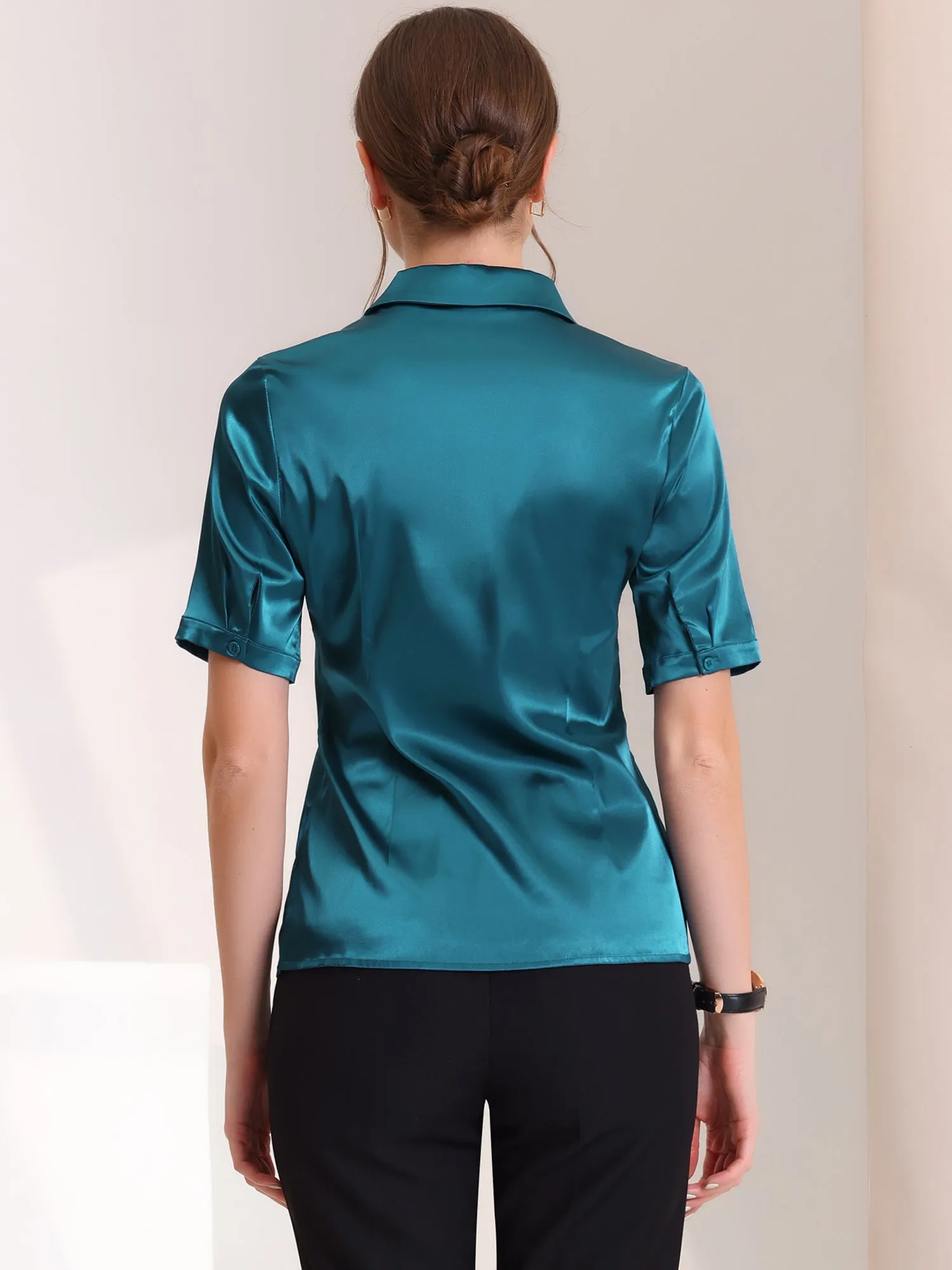 Casual Short Sleeve Satin Silky Work Business Button Down Shirt