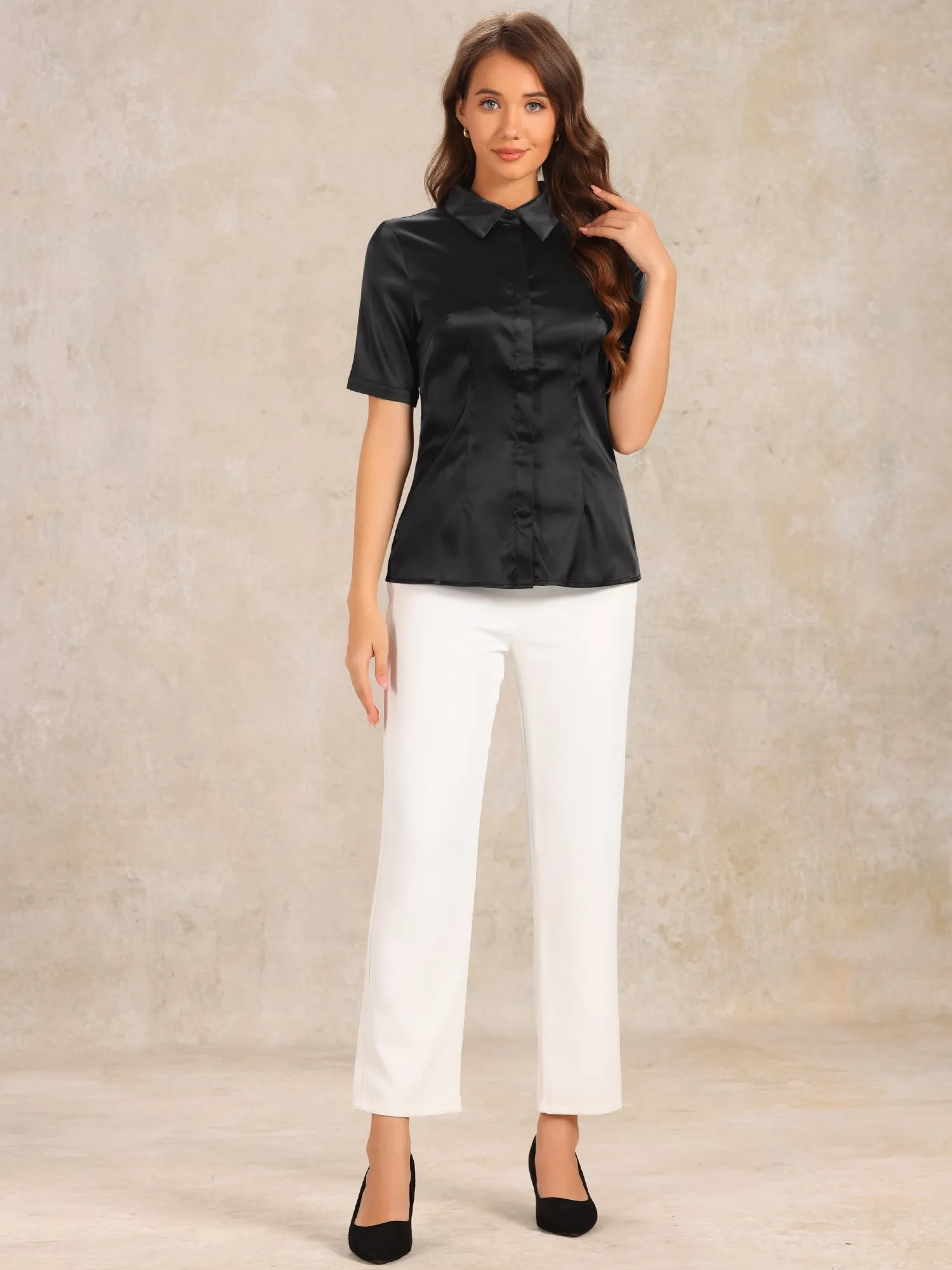 Casual Short Sleeve Satin Silky Work Business Button Down Shirt