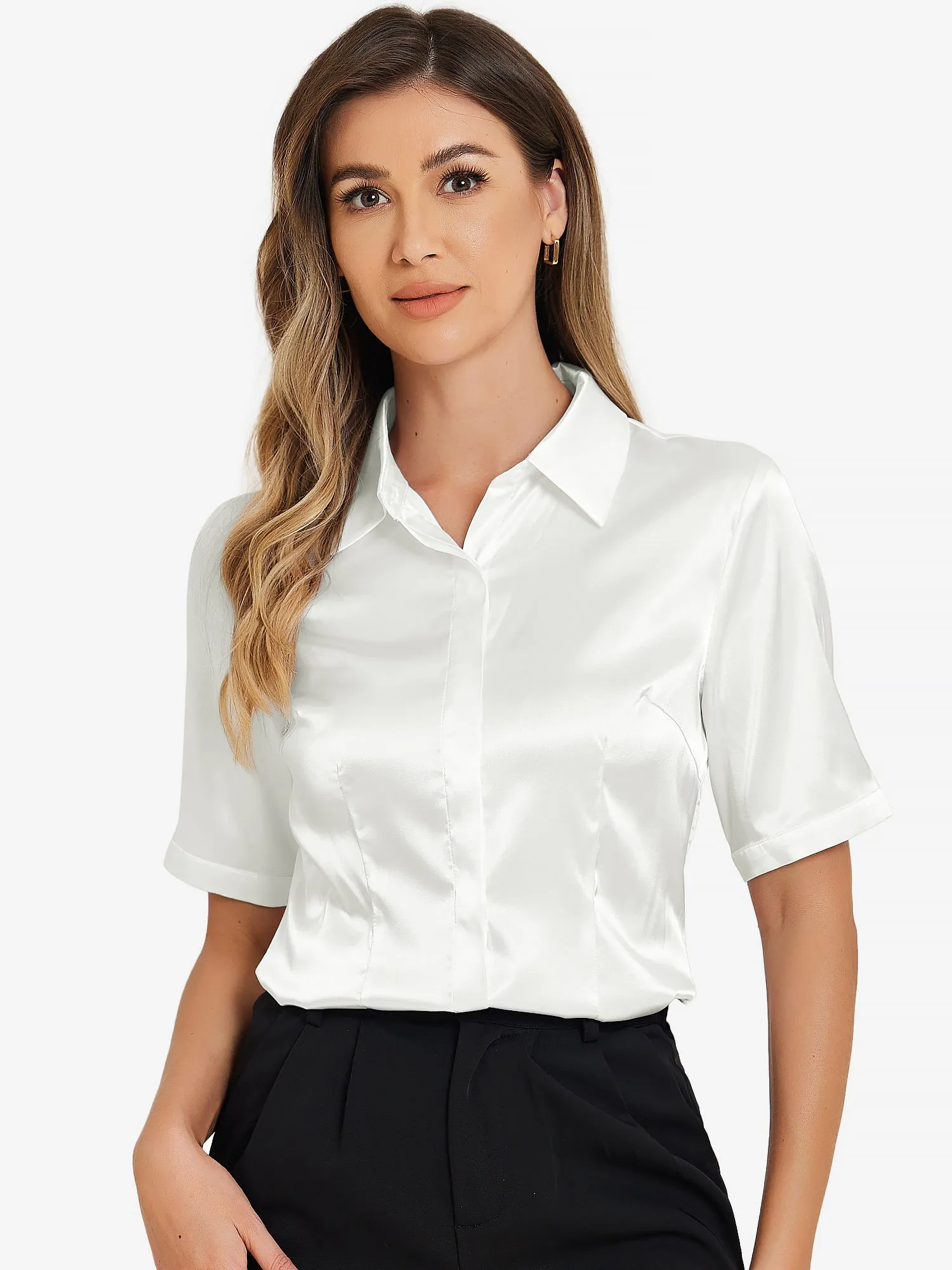 Casual Short Sleeve Satin Silky Work Business Button Down Shirt