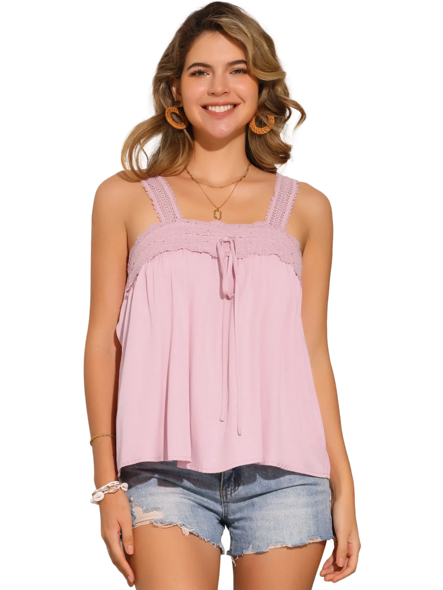 Casual Sleeveless Square Neck Panel Lace Ruffles Tank Tops