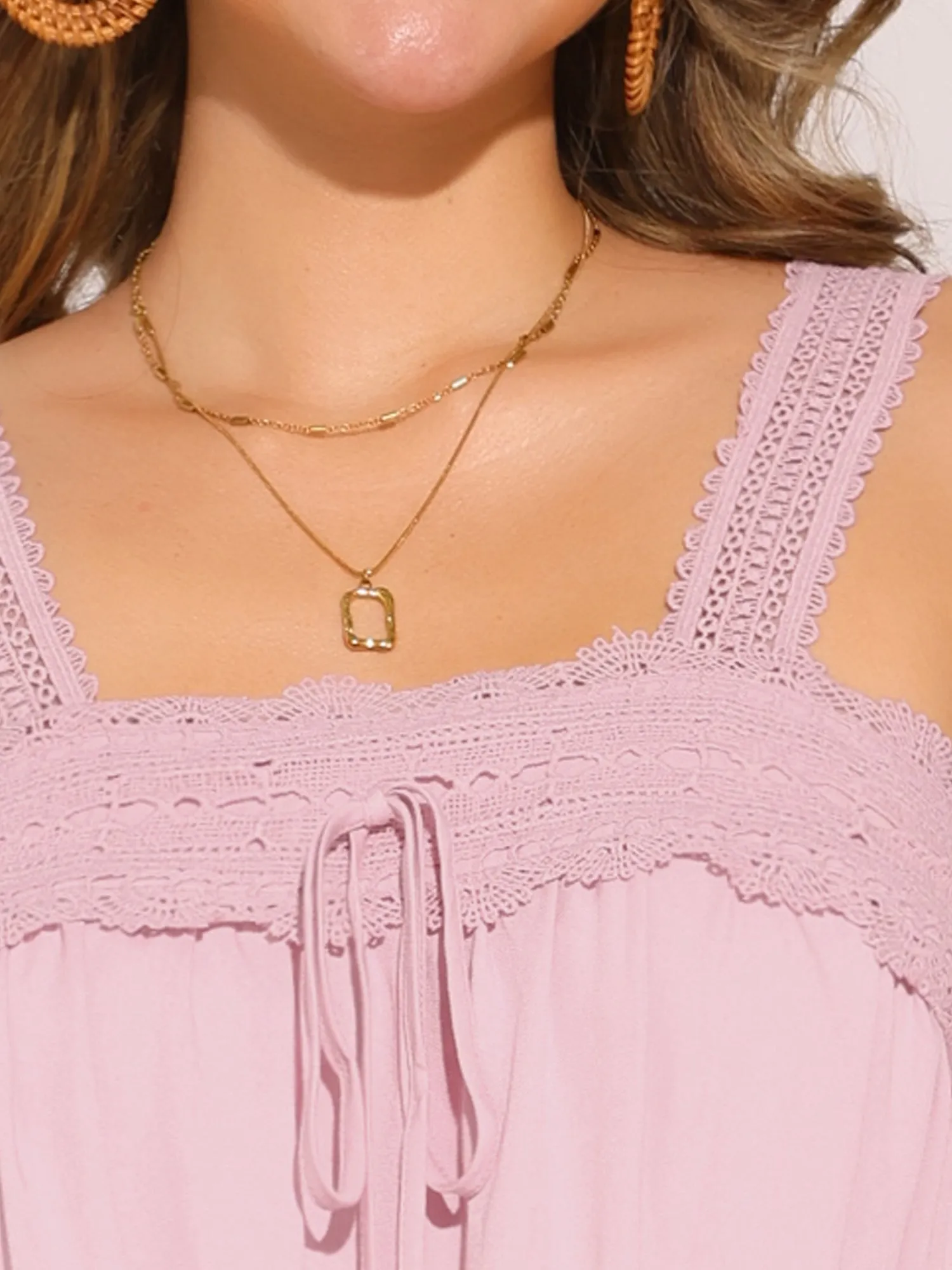 Casual Sleeveless Square Neck Panel Lace Ruffles Tank Tops