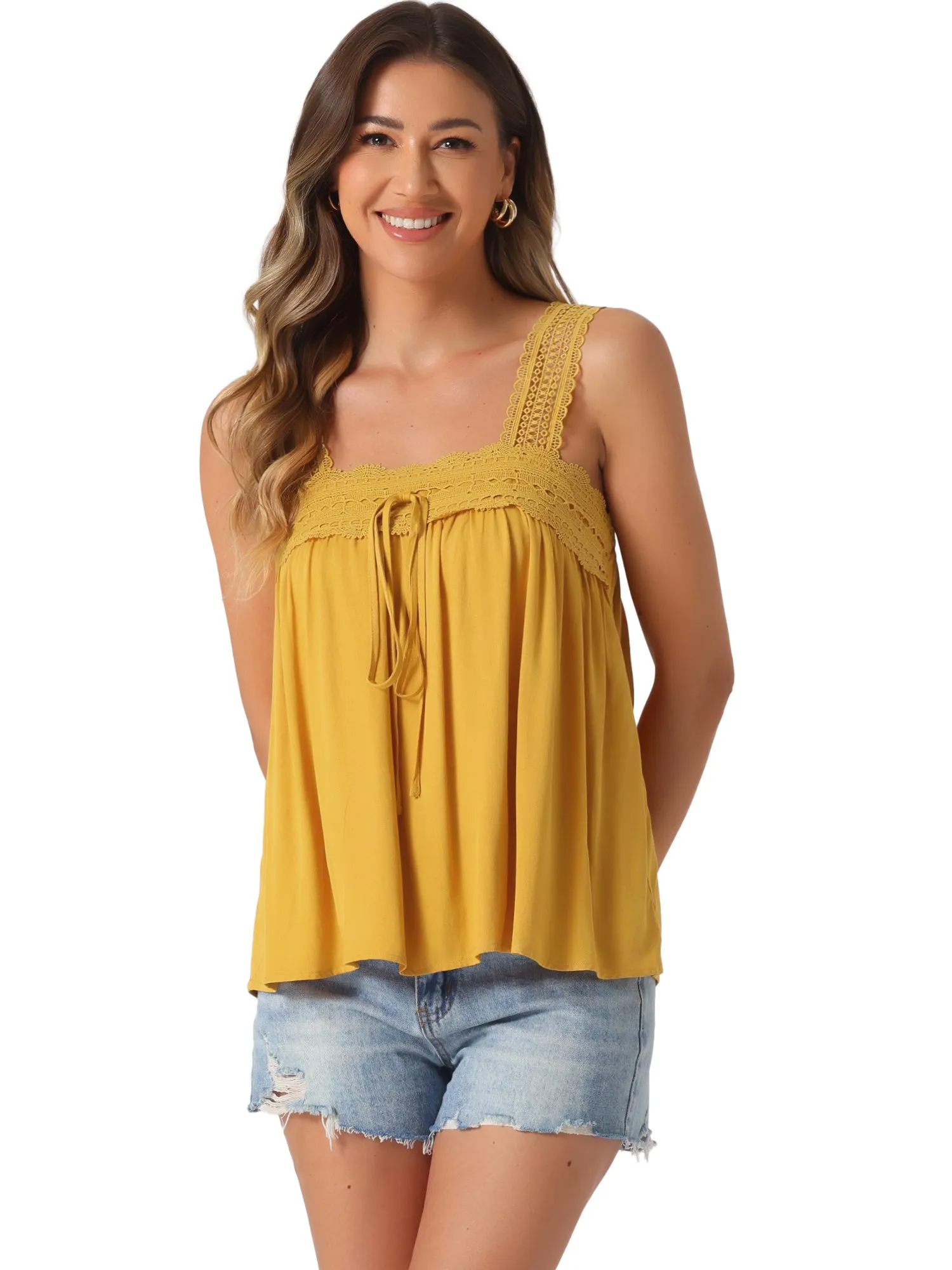 Casual Sleeveless Square Neck Panel Lace Ruffles Tank Tops