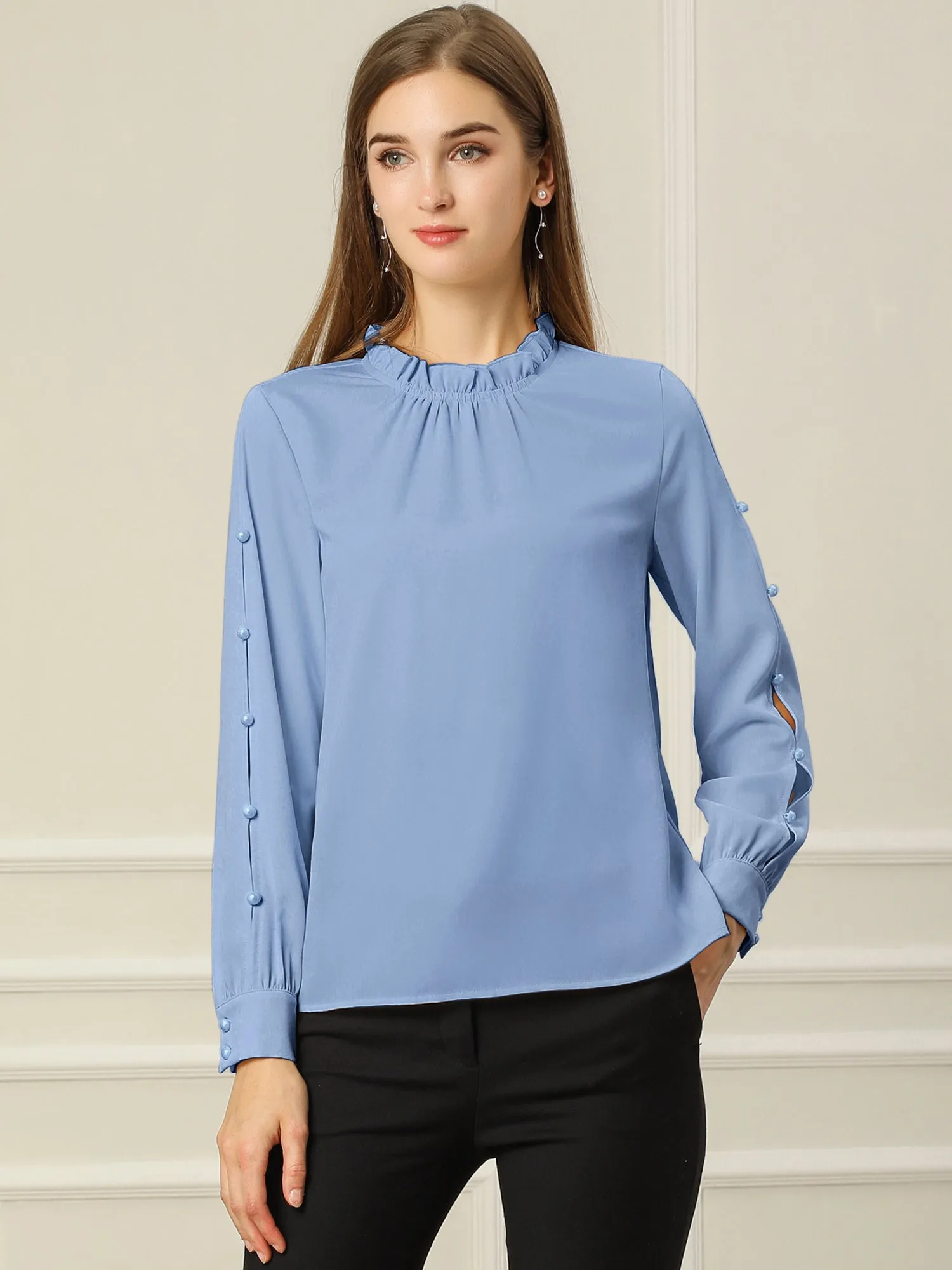 Chiffon Blouse Ruched Stand Collar Pearl Beaded Long Sleeve Work Top