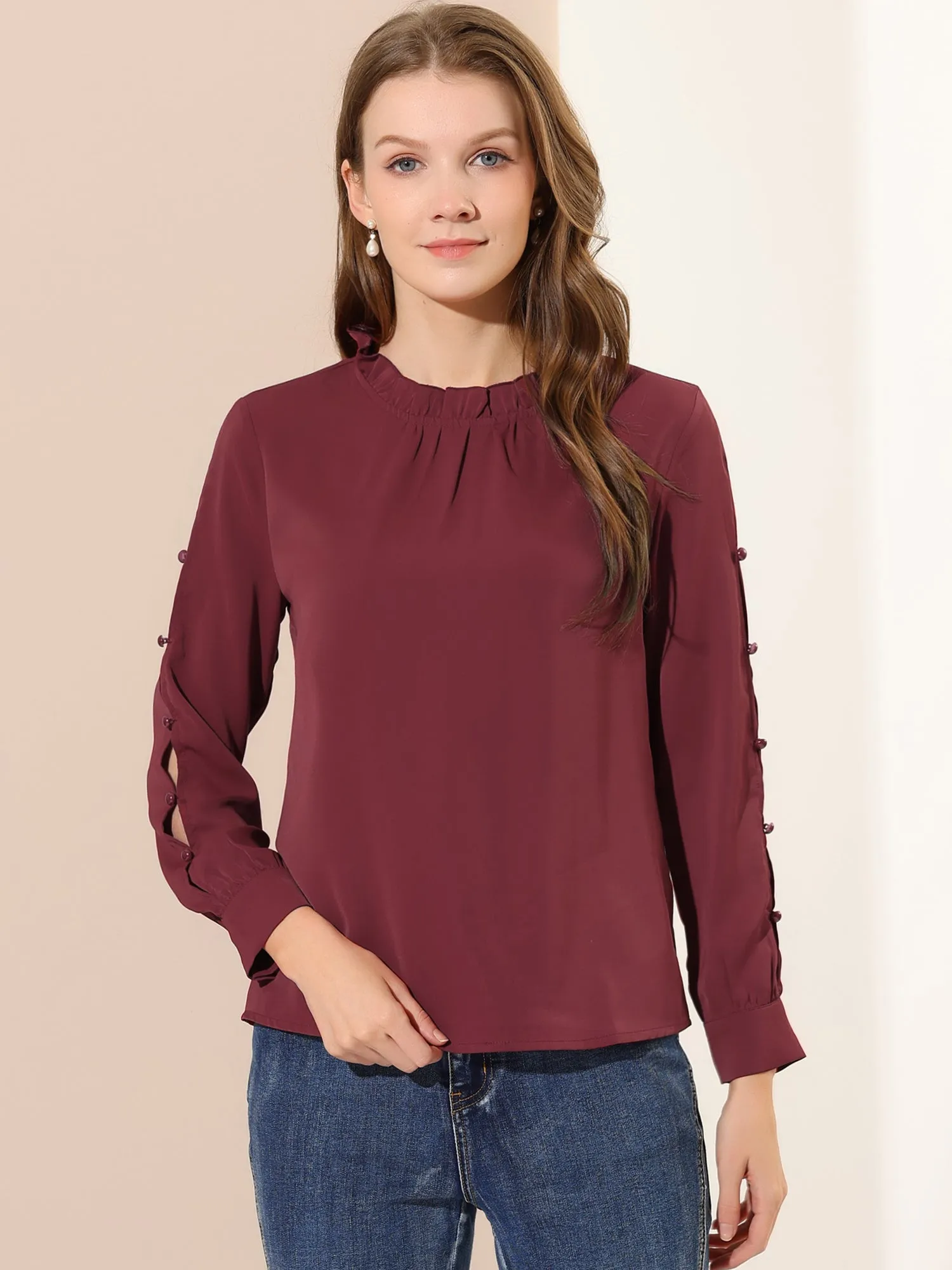 Chiffon Blouse Ruched Stand Collar Pearl Beaded Long Sleeve Work Top