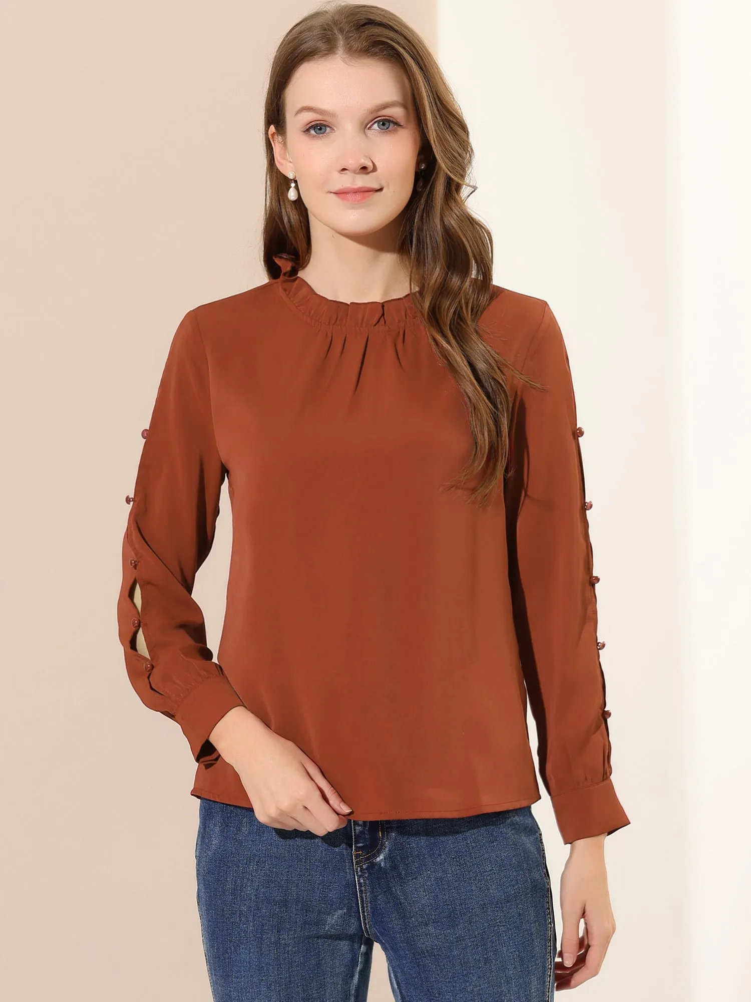 Chiffon Blouse Ruched Stand Collar Pearl Beaded Long Sleeve Work Top