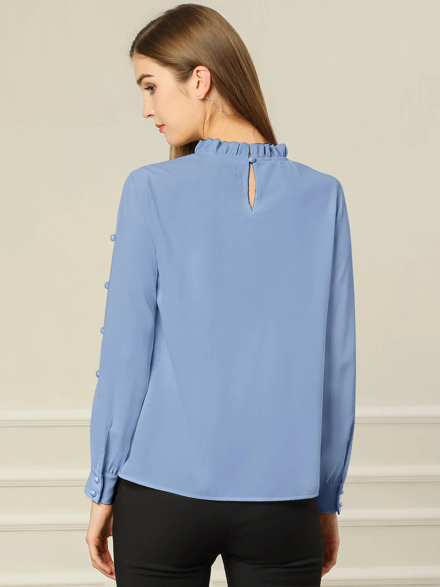 Chiffon Blouse Ruched Stand Collar Pearl Beaded Long Sleeve Work Top