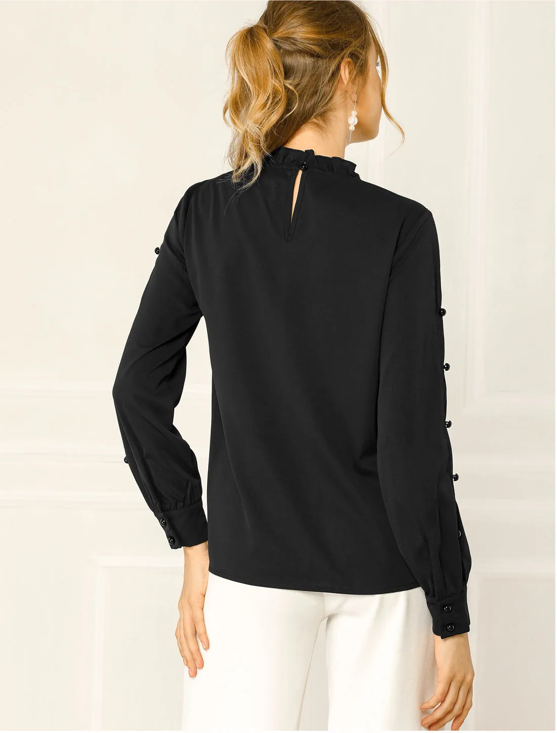 Chiffon Blouse Ruched Stand Collar Pearl Beaded Long Sleeve Work Top