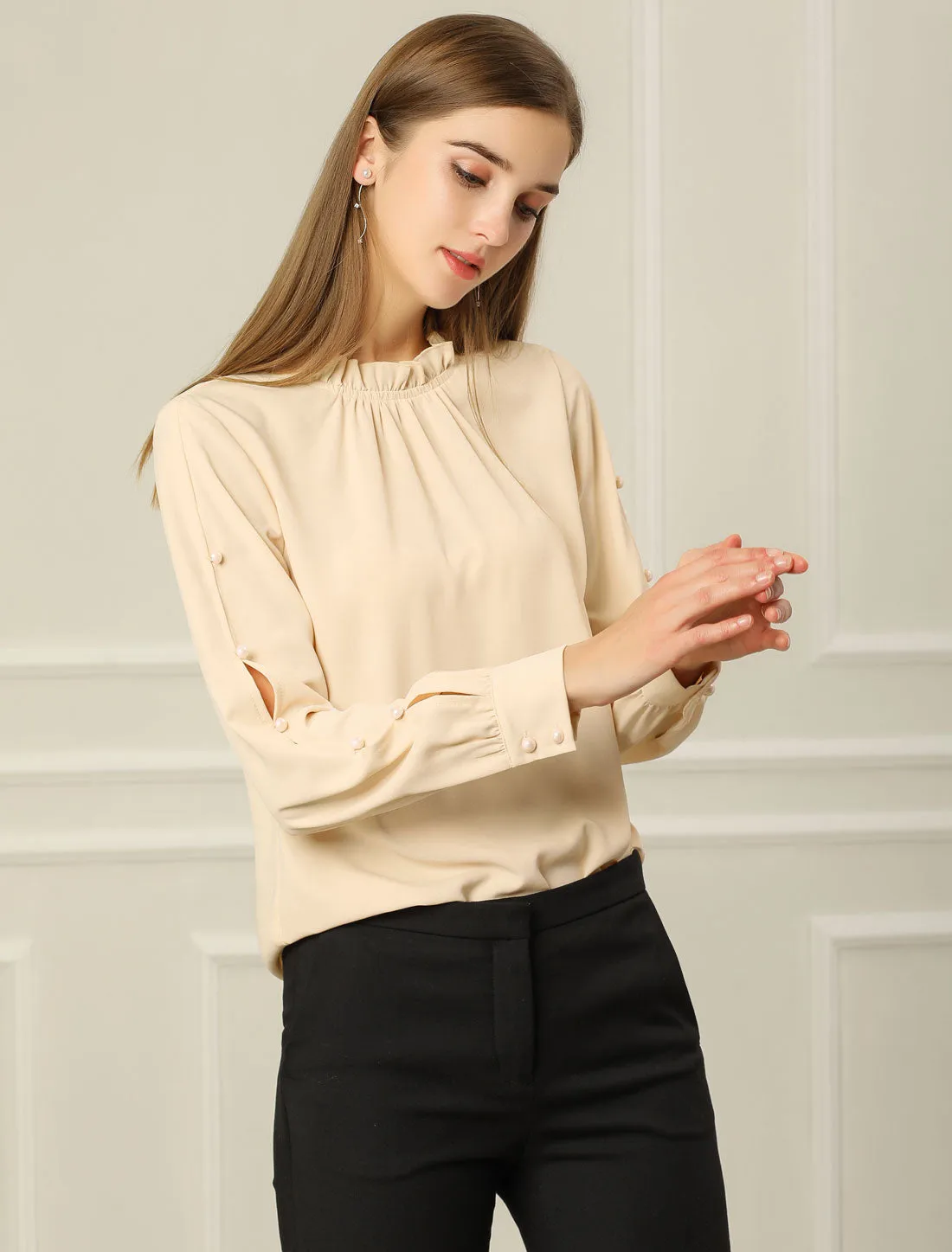 Chiffon Blouse Ruched Stand Collar Pearl Beaded Long Sleeve Work Top