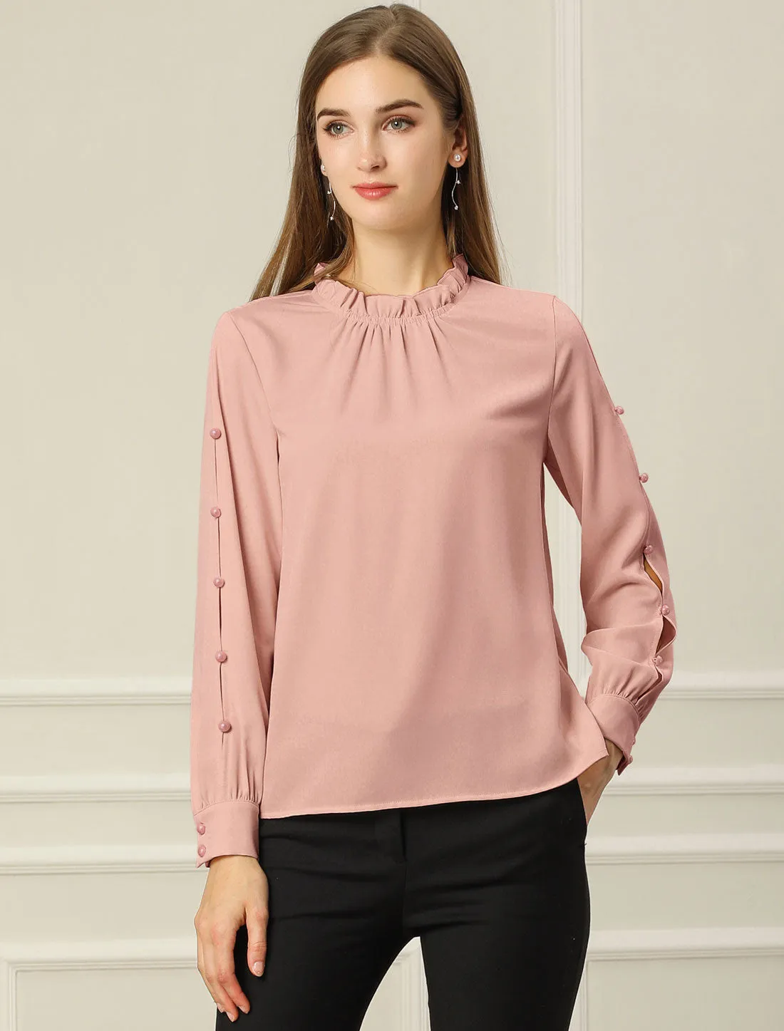 Chiffon Blouse Ruched Stand Collar Pearl Beaded Long Sleeve Work Top