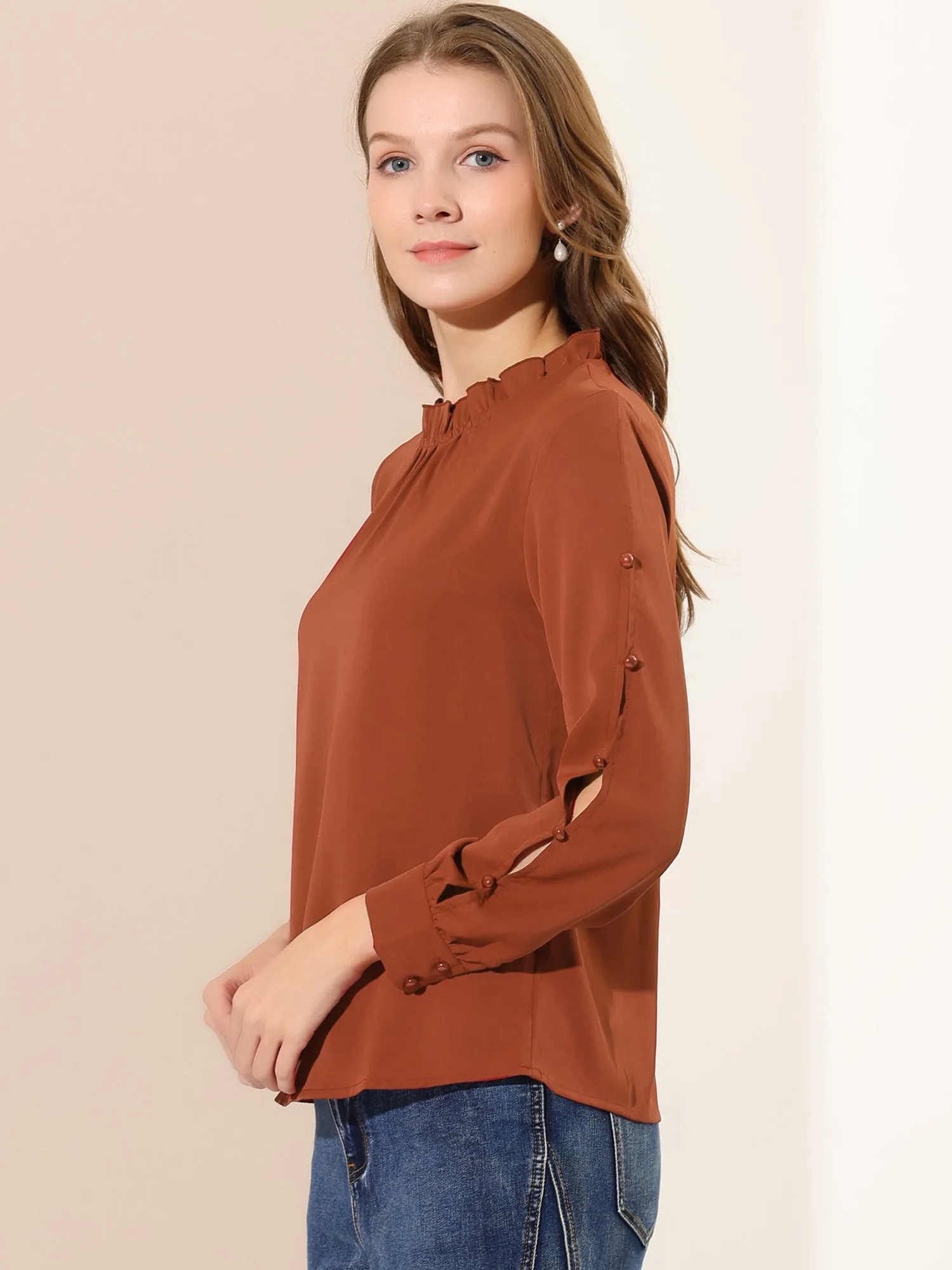Chiffon Blouse Ruched Stand Collar Pearl Beaded Long Sleeve Work Top