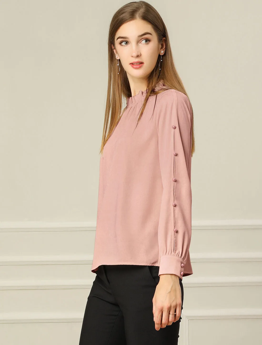 Chiffon Blouse Ruched Stand Collar Pearl Beaded Long Sleeve Work Top