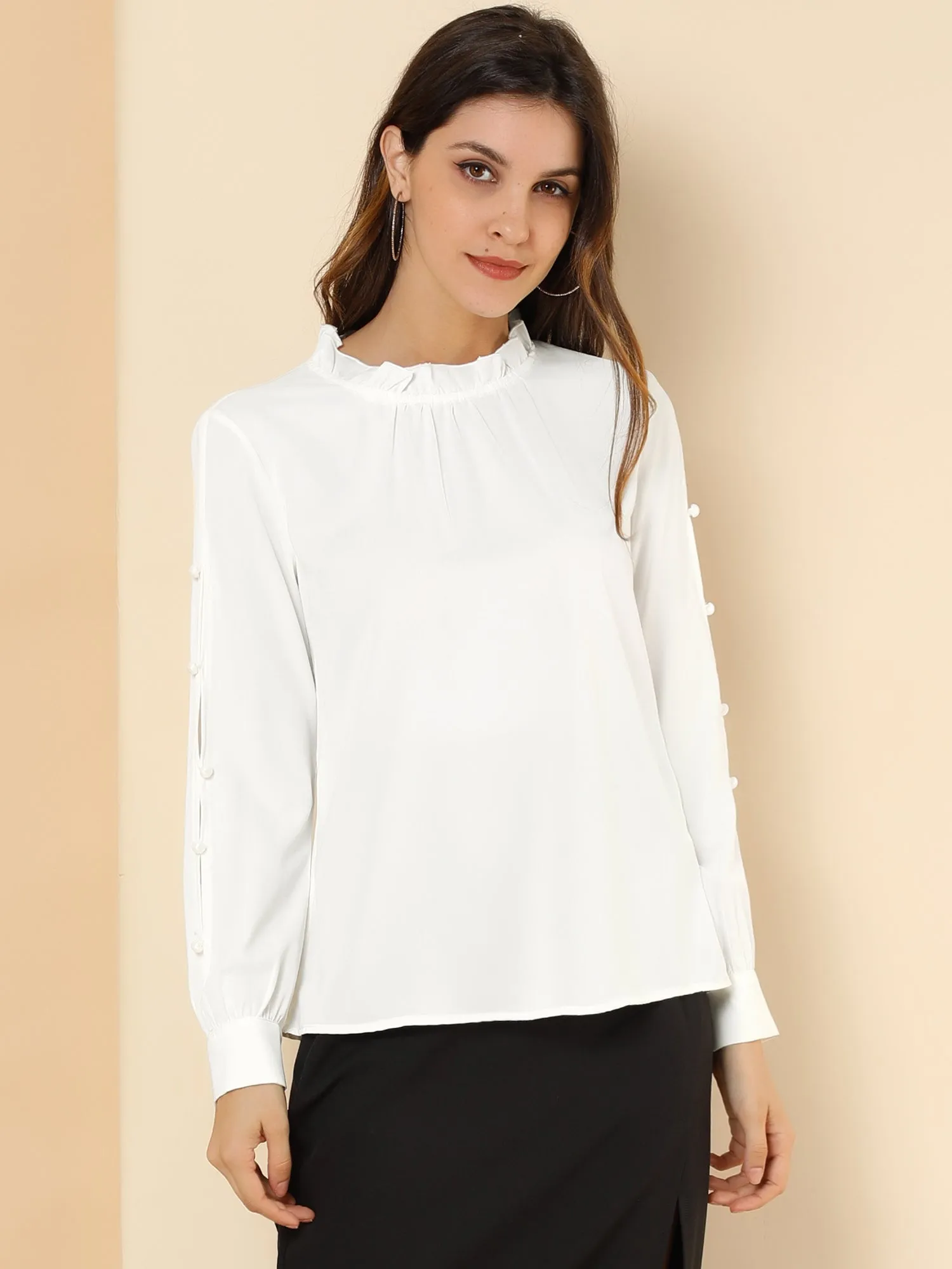 Chiffon Blouse Ruched Stand Collar Pearl Beaded Long Sleeve Work Top
