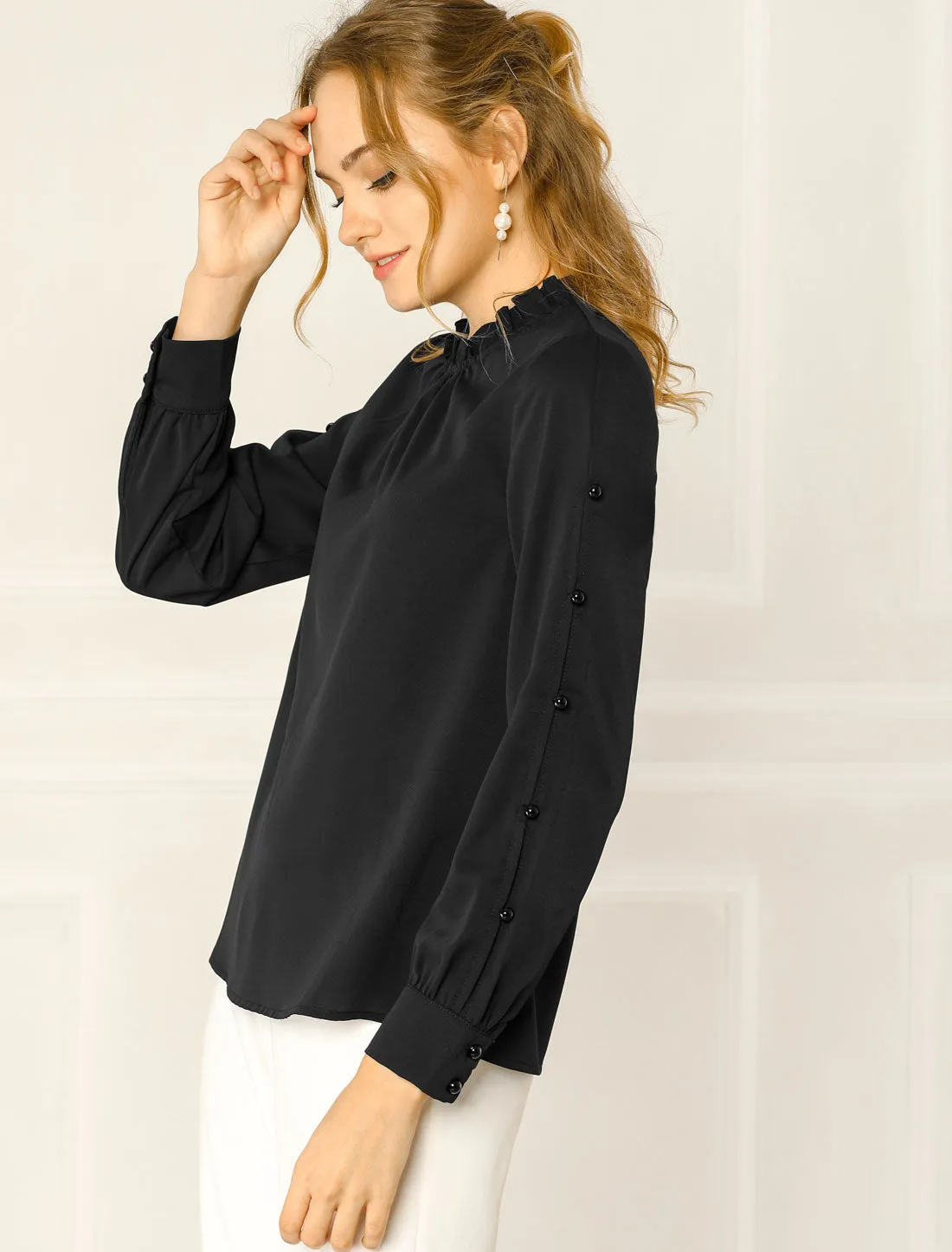 Chiffon Blouse Ruched Stand Collar Pearl Beaded Long Sleeve Work Top