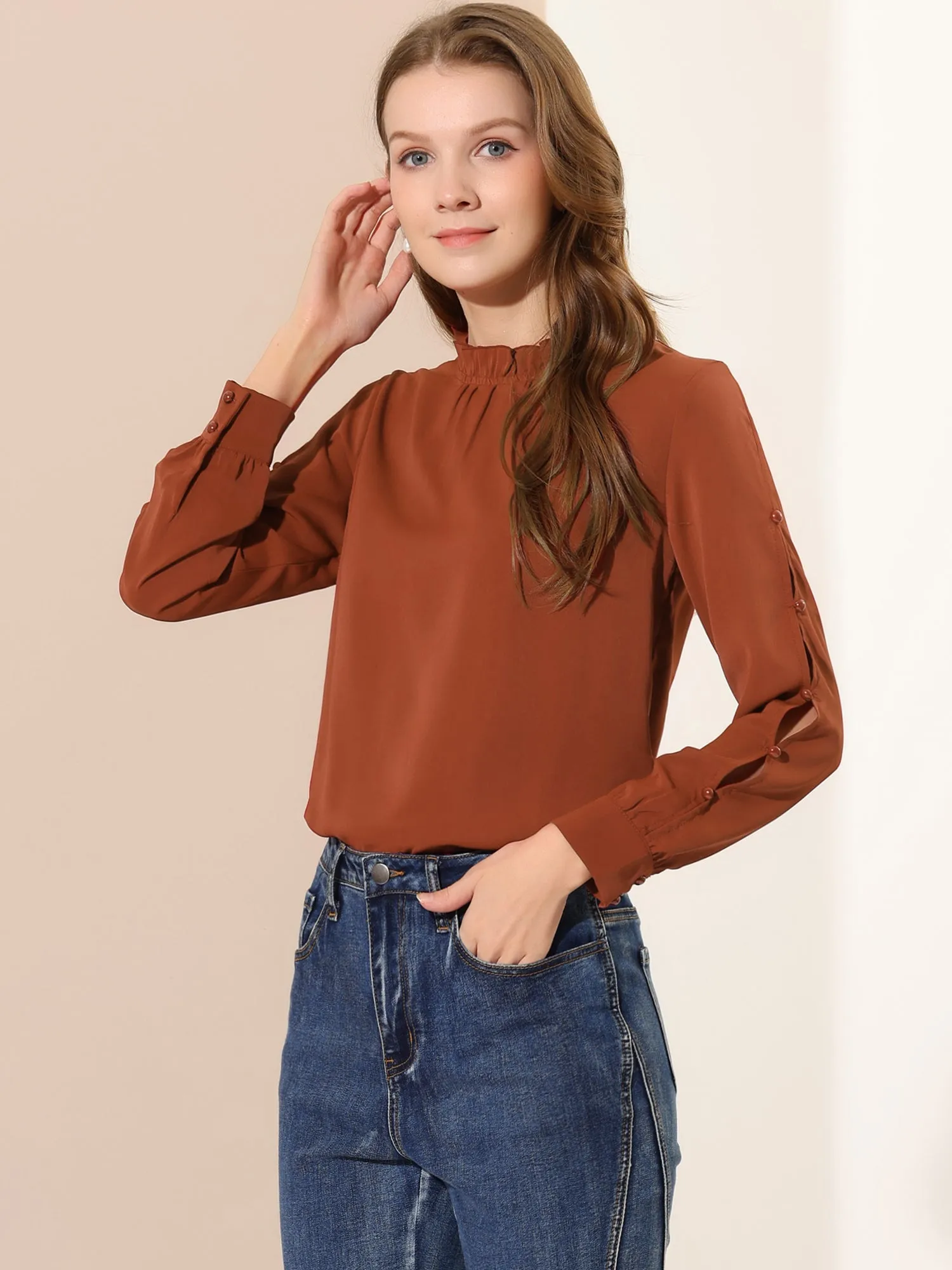 Chiffon Blouse Ruched Stand Collar Pearl Beaded Long Sleeve Work Top