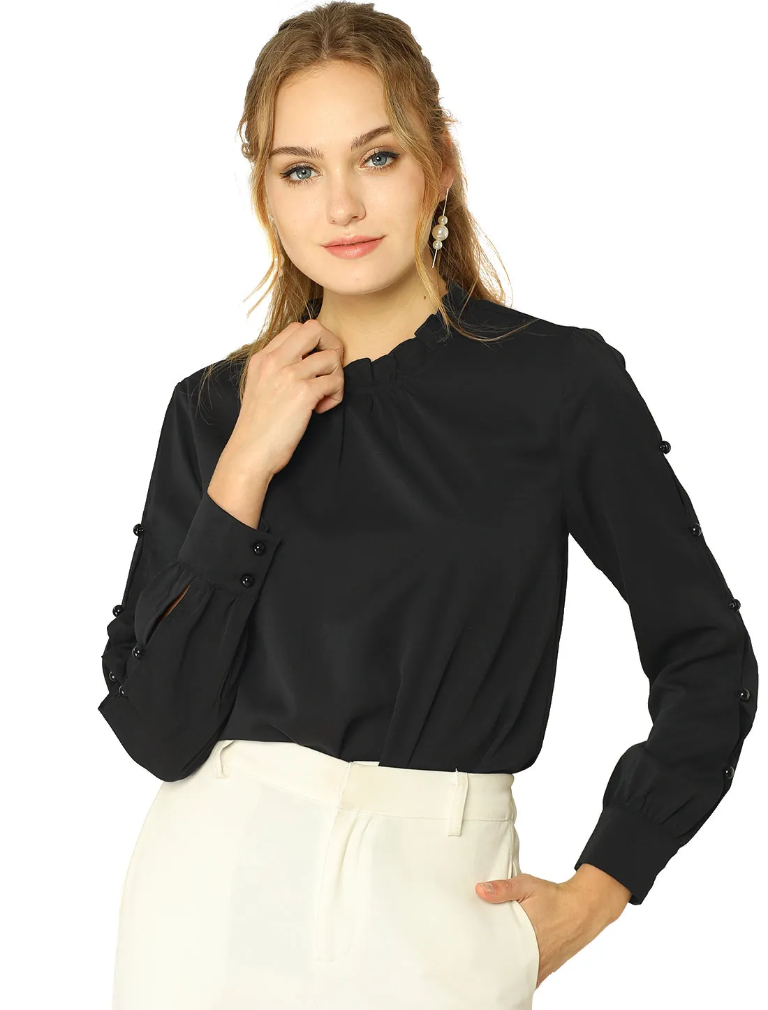 Chiffon Blouse Ruched Stand Collar Pearl Beaded Long Sleeve Work Top
