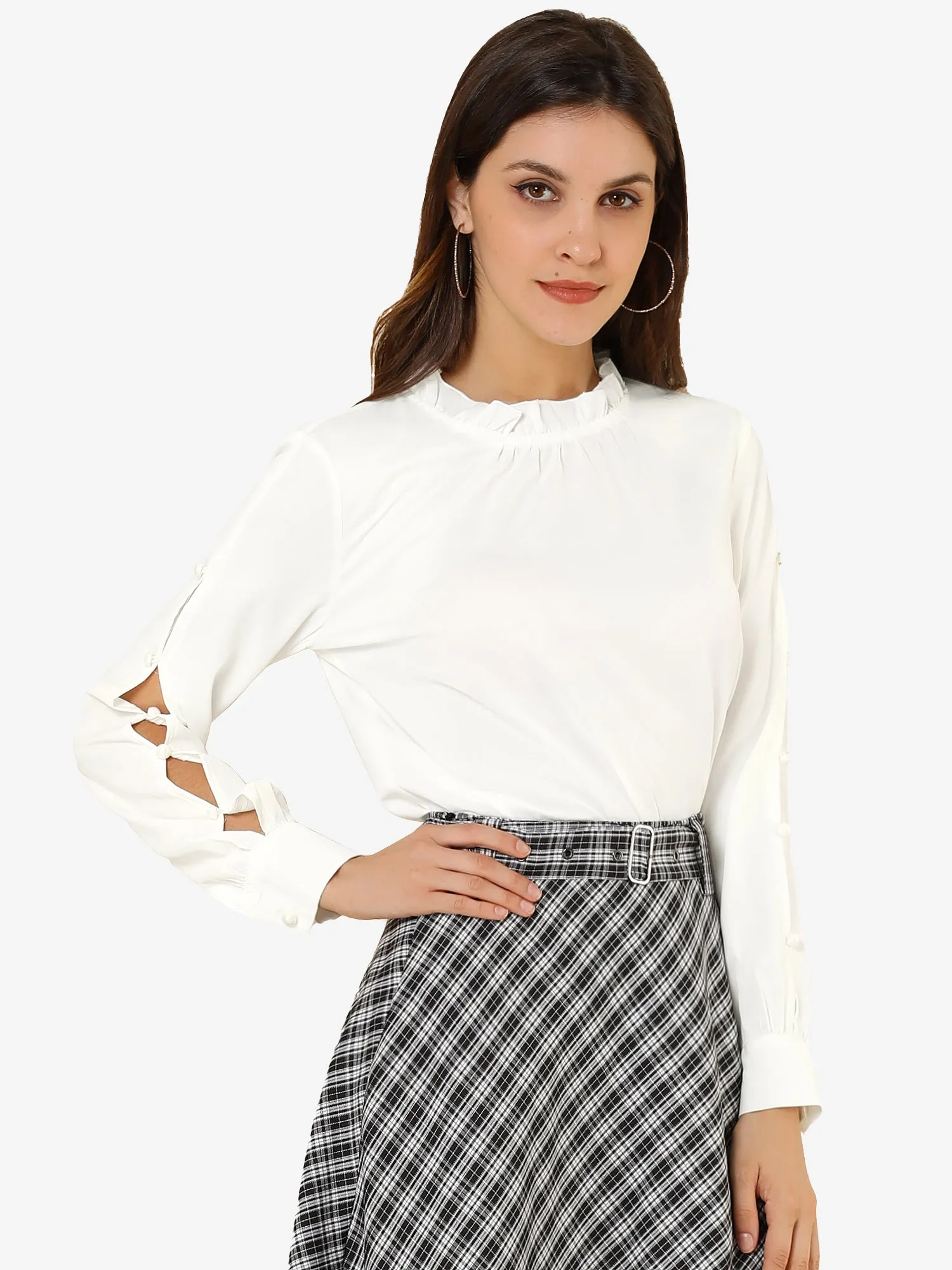 Chiffon Blouse Ruched Stand Collar Pearl Beaded Long Sleeve Work Top