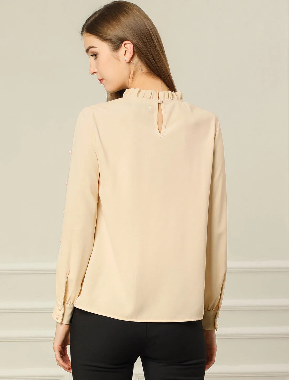 Chiffon Blouse Ruched Stand Collar Pearl Beaded Long Sleeve Work Top