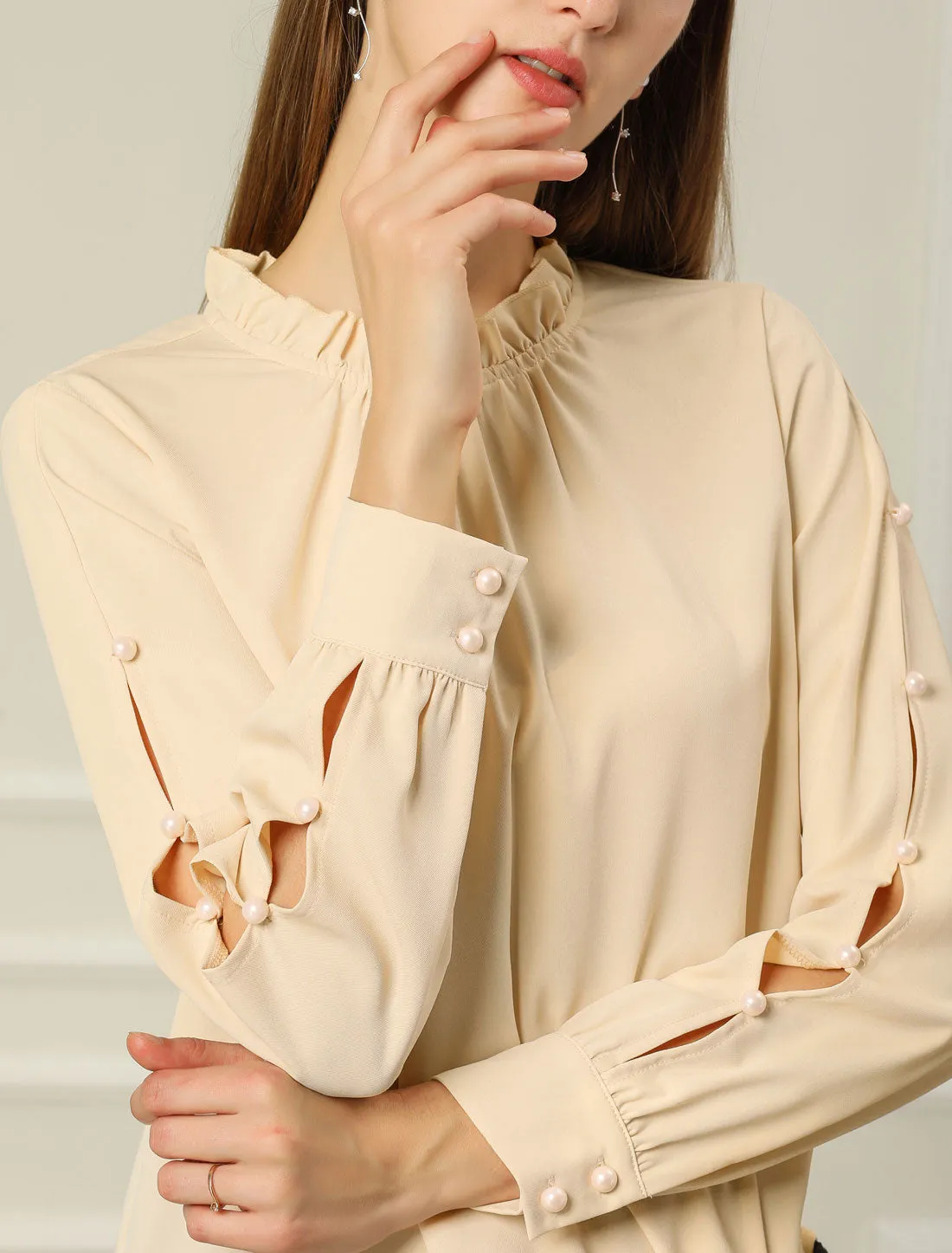 Chiffon Blouse Ruched Stand Collar Pearl Beaded Long Sleeve Work Top