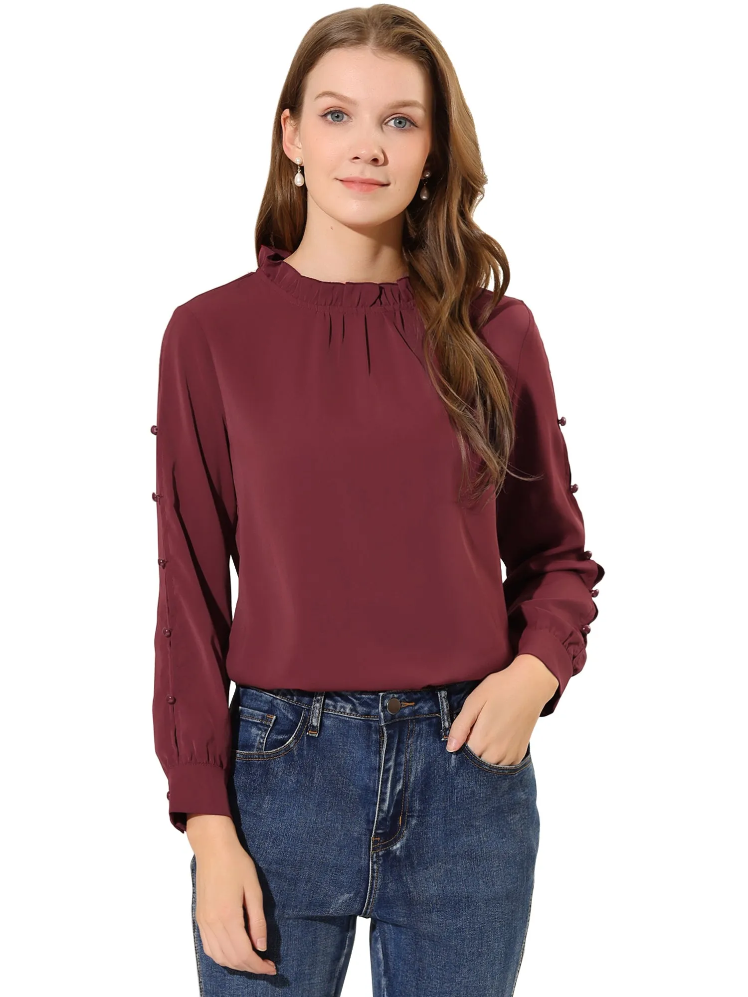Chiffon Blouse Ruched Stand Collar Pearl Beaded Long Sleeve Work Top