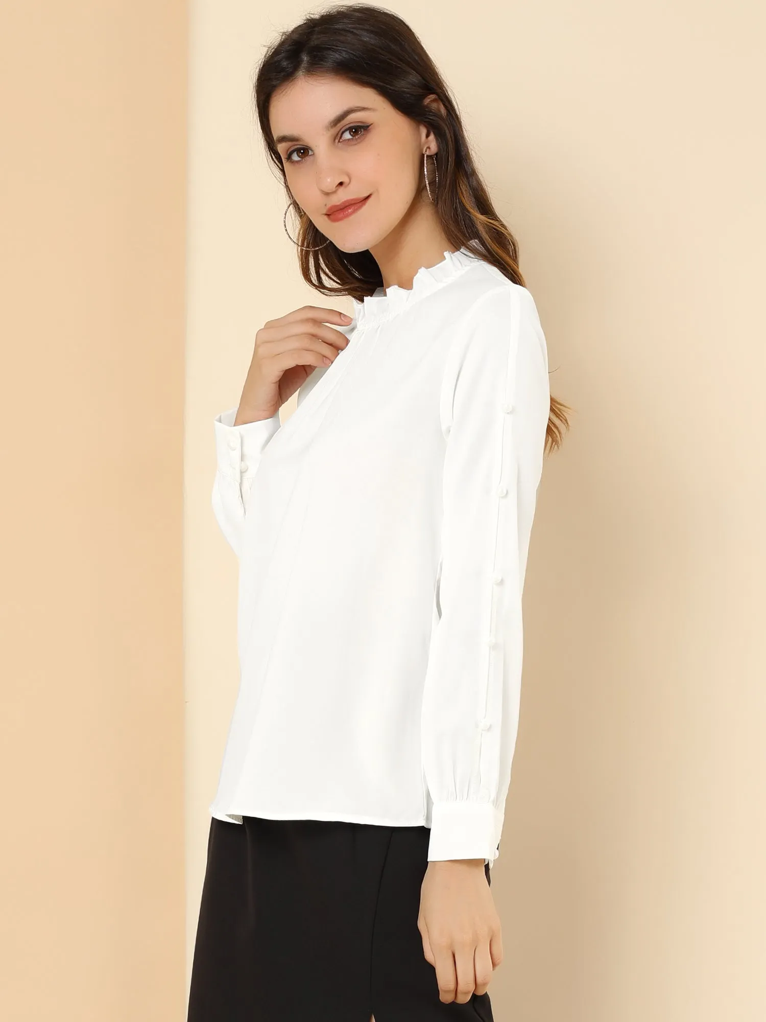 Chiffon Blouse Ruched Stand Collar Pearl Beaded Long Sleeve Work Top