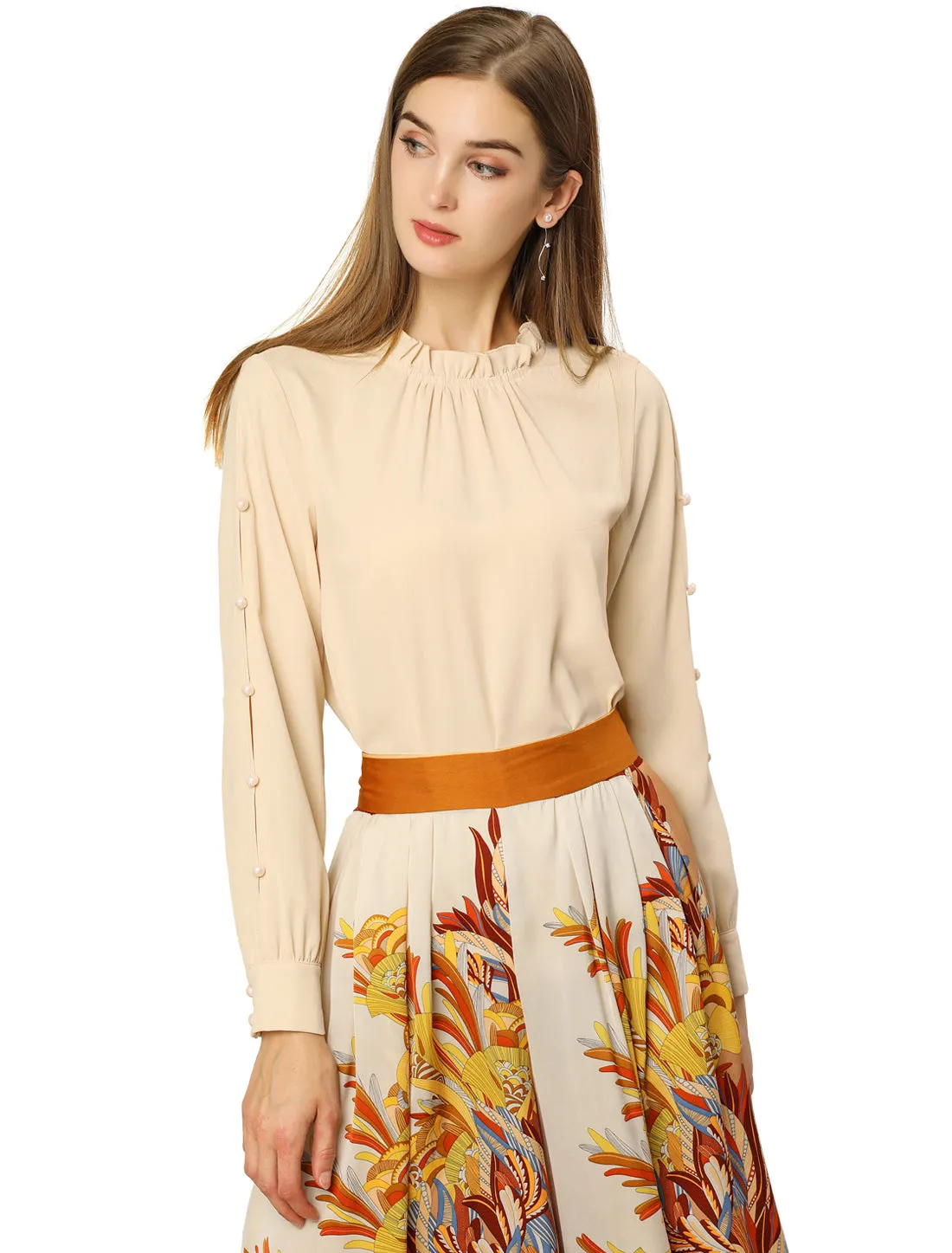 Chiffon Blouse Ruched Stand Collar Pearl Beaded Long Sleeve Work Top