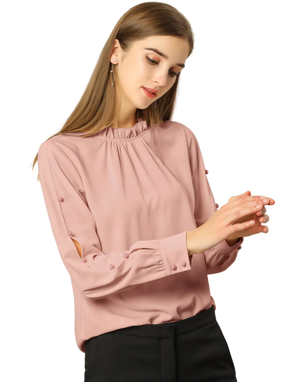 Chiffon Blouse Ruched Stand Collar Pearl Beaded Long Sleeve Work Top