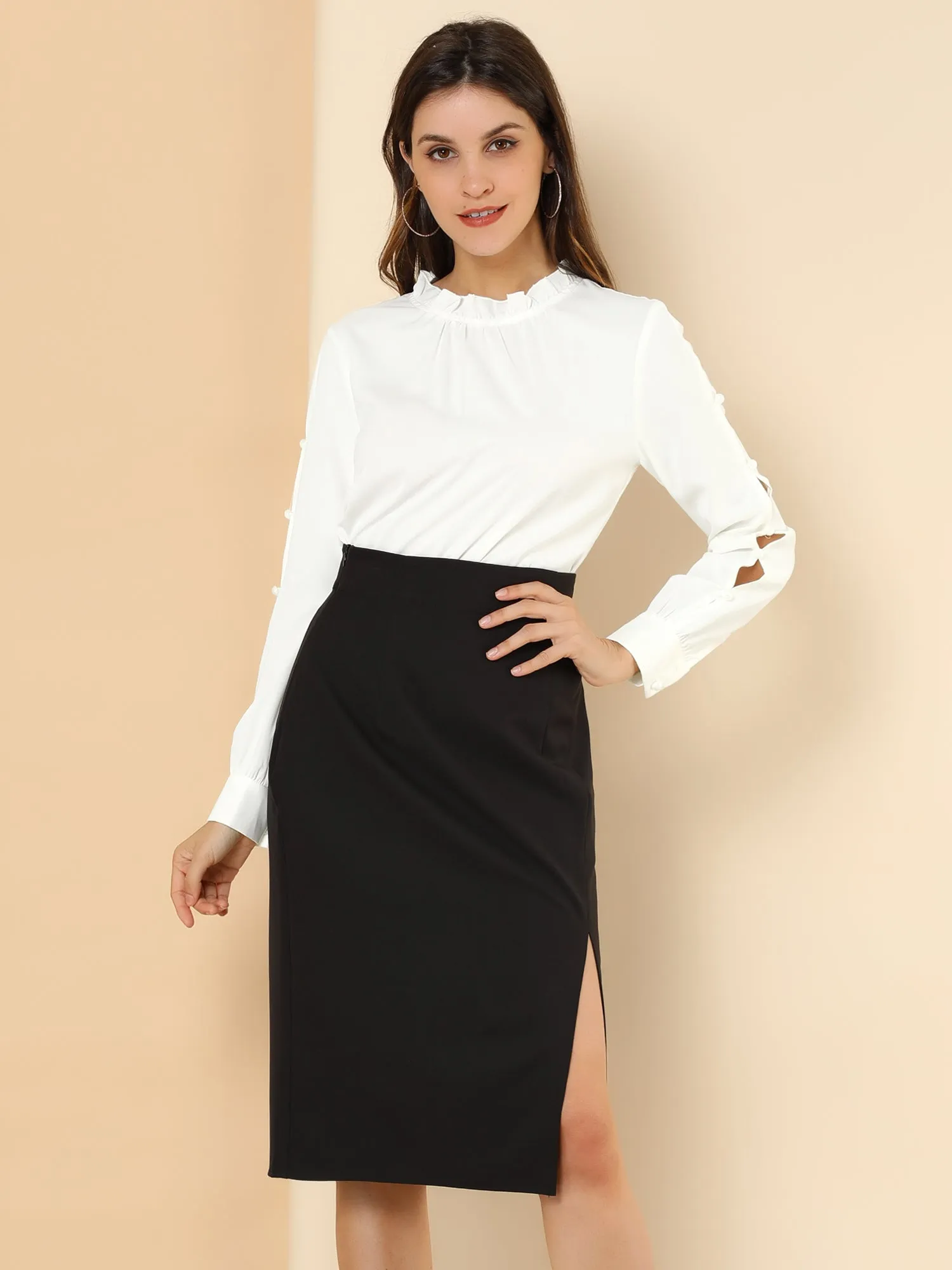 Chiffon Blouse Ruched Stand Collar Pearl Beaded Long Sleeve Work Top