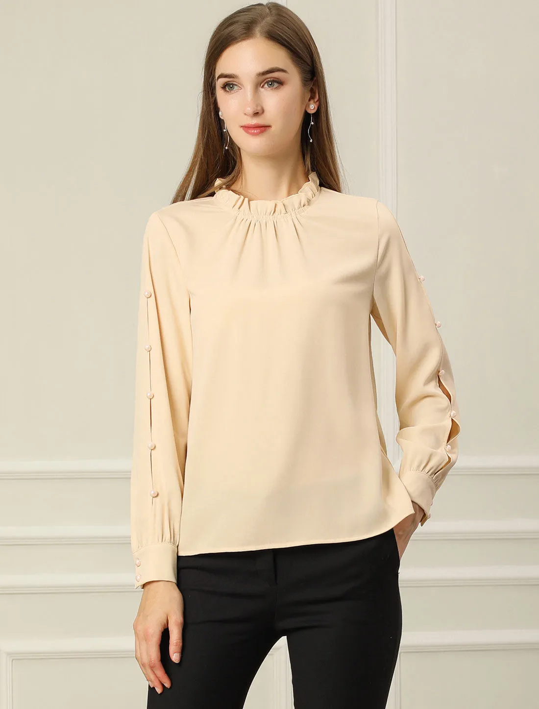 Chiffon Blouse Ruched Stand Collar Pearl Beaded Long Sleeve Work Top