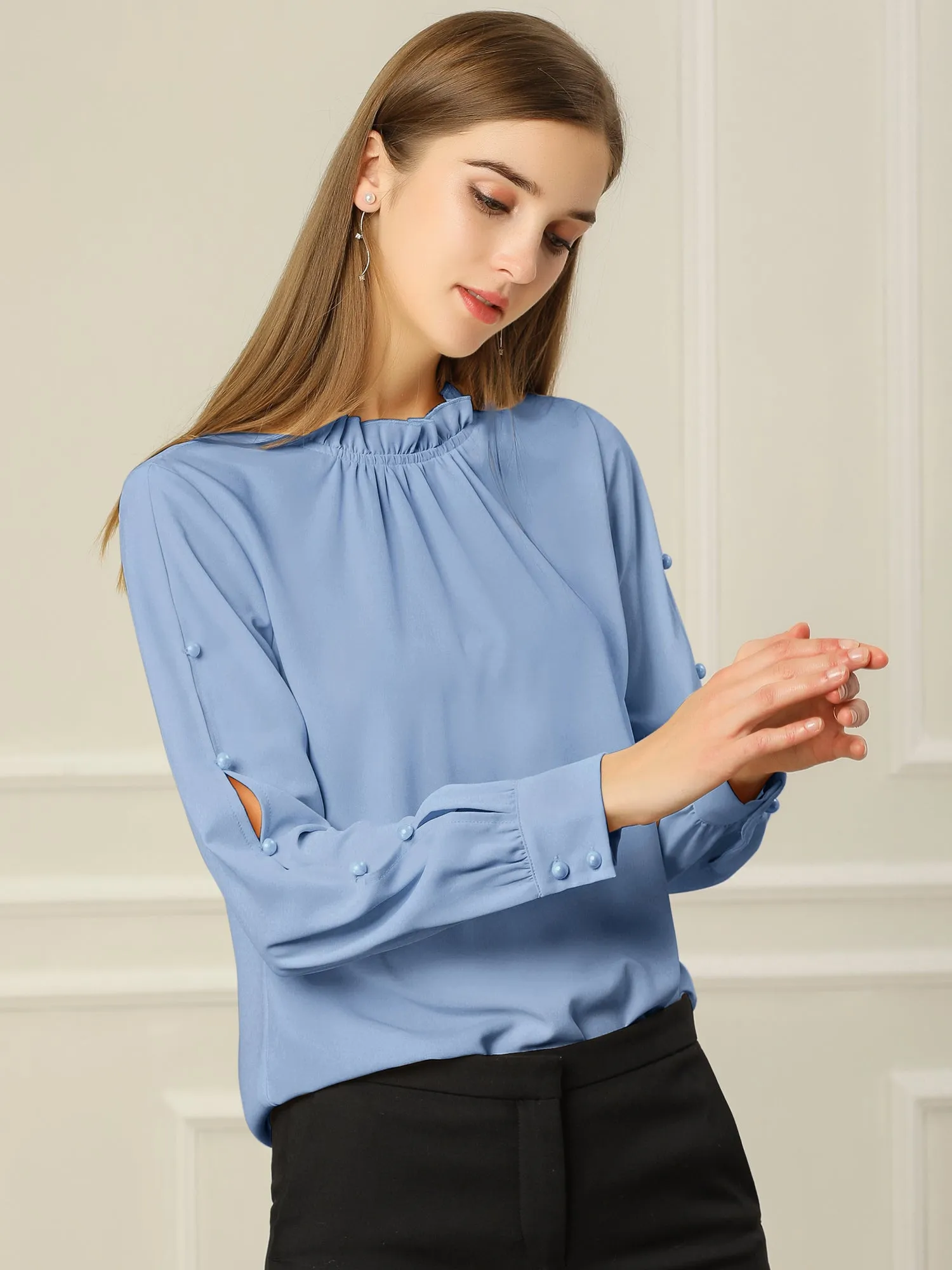 Chiffon Blouse Ruched Stand Collar Pearl Beaded Long Sleeve Work Top