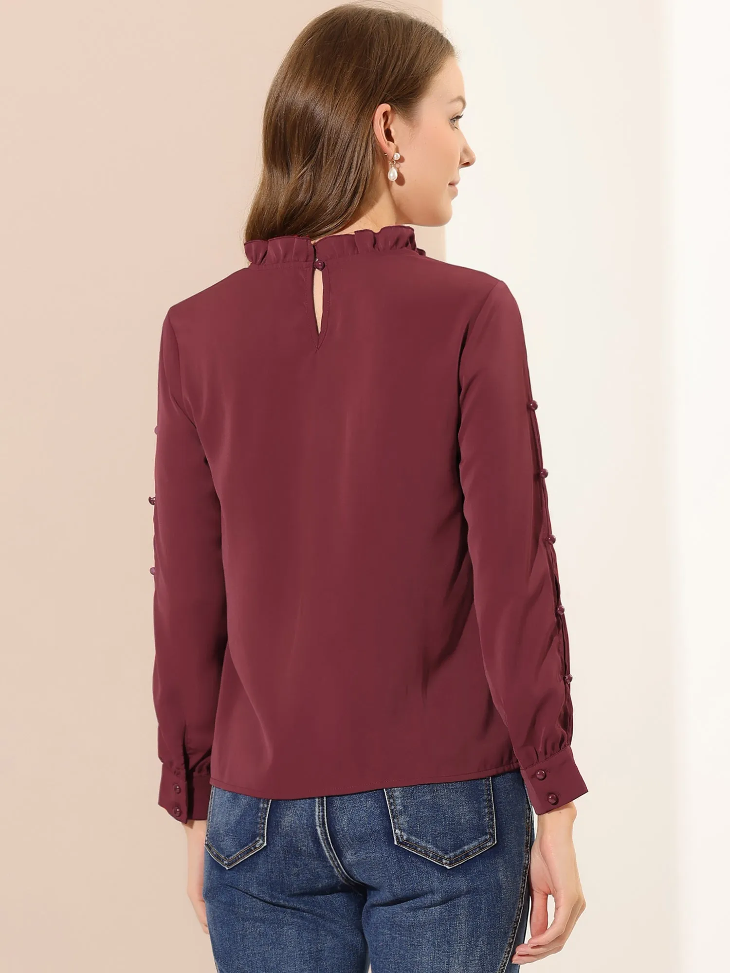 Chiffon Blouse Ruched Stand Collar Pearl Beaded Long Sleeve Work Top