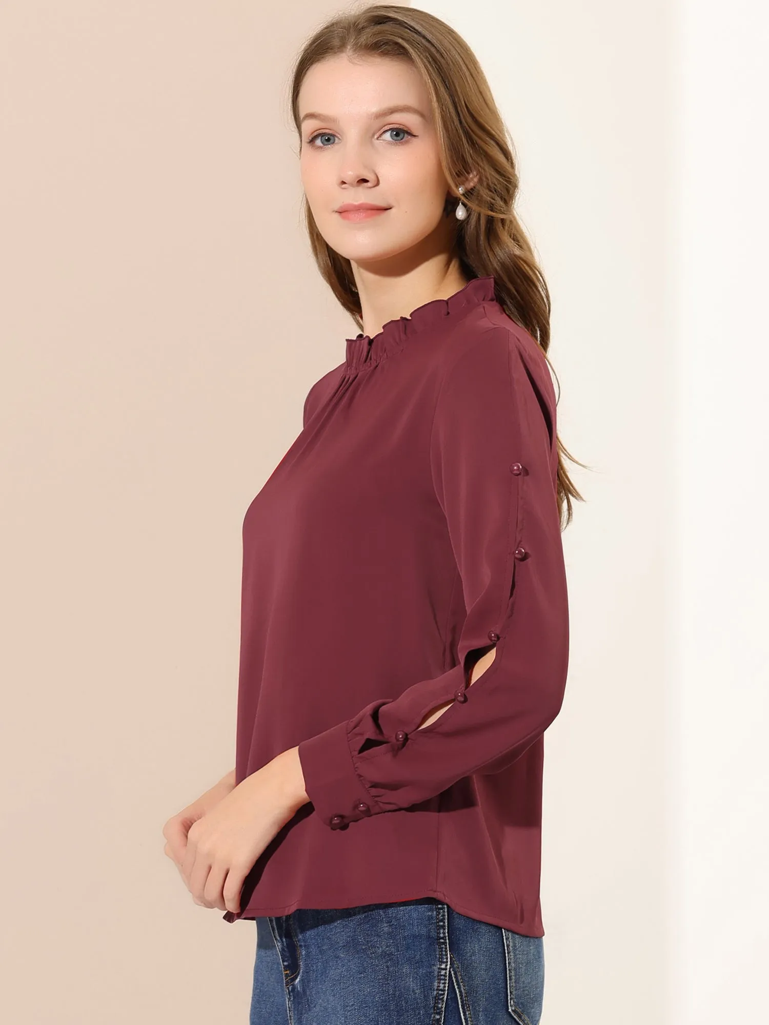 Chiffon Blouse Ruched Stand Collar Pearl Beaded Long Sleeve Work Top