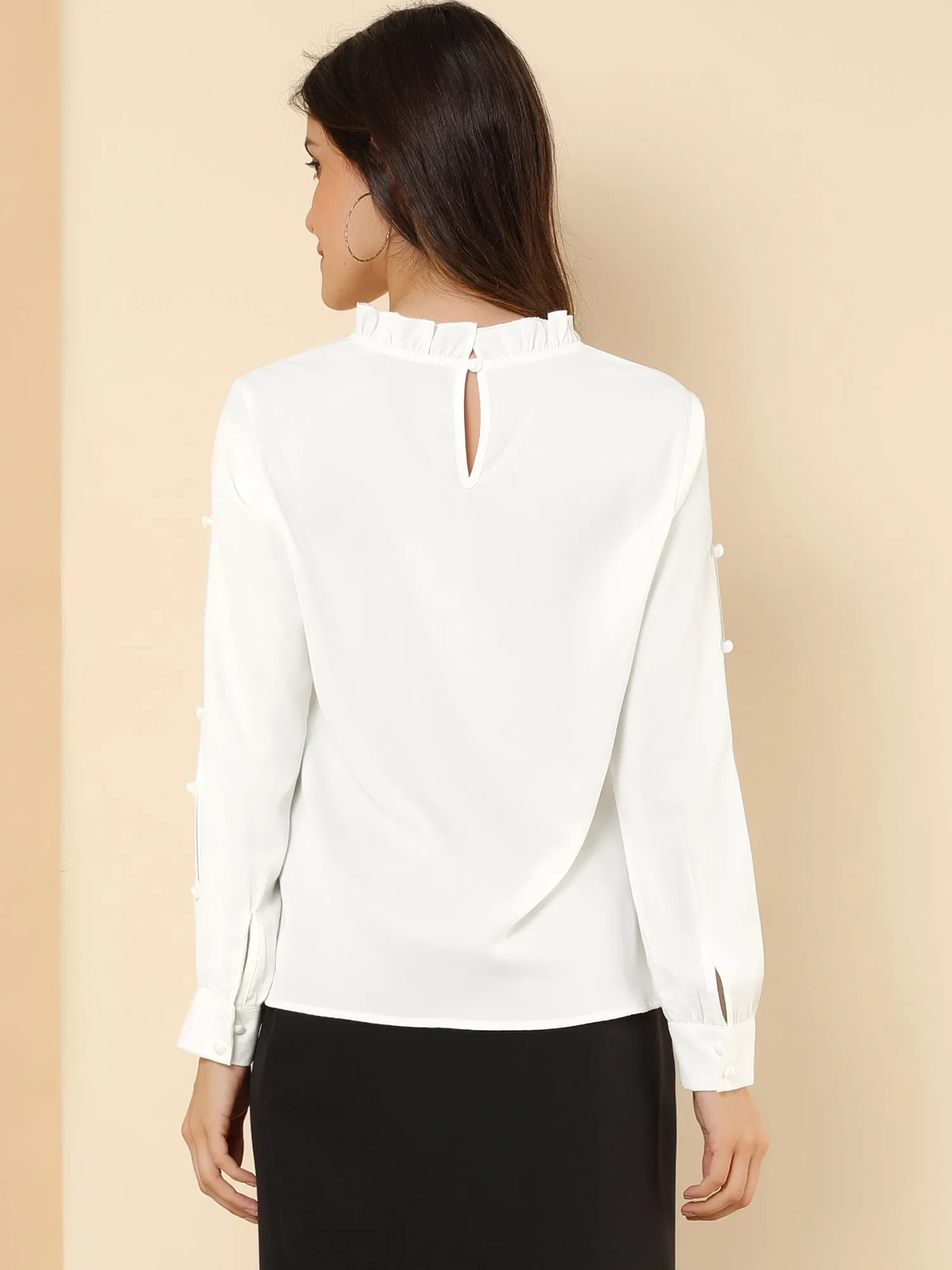 Chiffon Blouse Ruched Stand Collar Pearl Beaded Long Sleeve Work Top