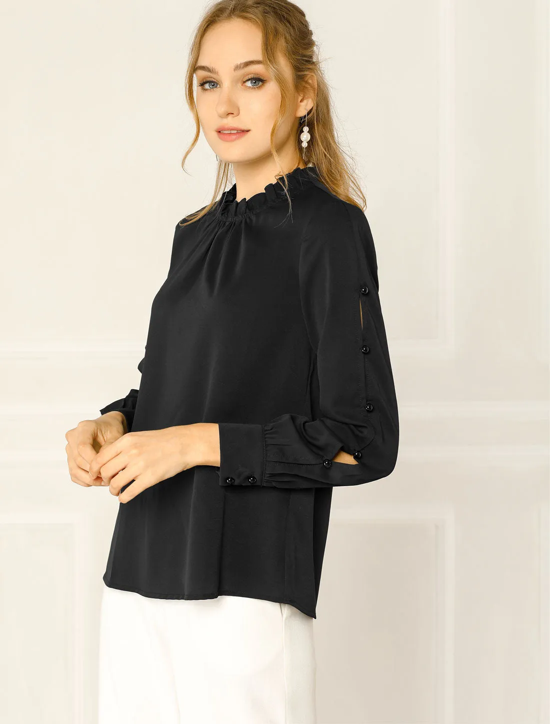 Chiffon Blouse Ruched Stand Collar Pearl Beaded Long Sleeve Work Top