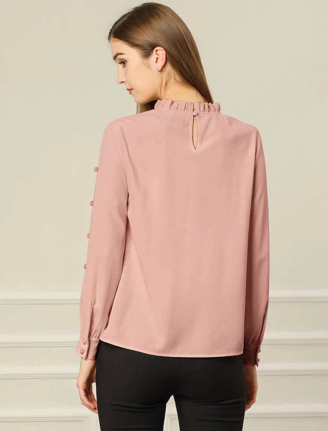 Chiffon Blouse Ruched Stand Collar Pearl Beaded Long Sleeve Work Top