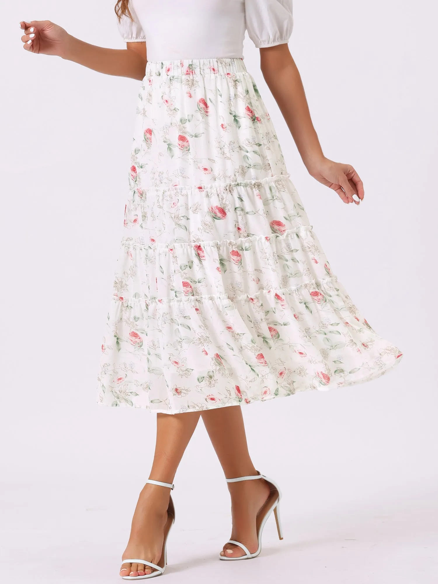 Chiffon Floral Printed Long Tiered Ruffle Boho Midi Skirt