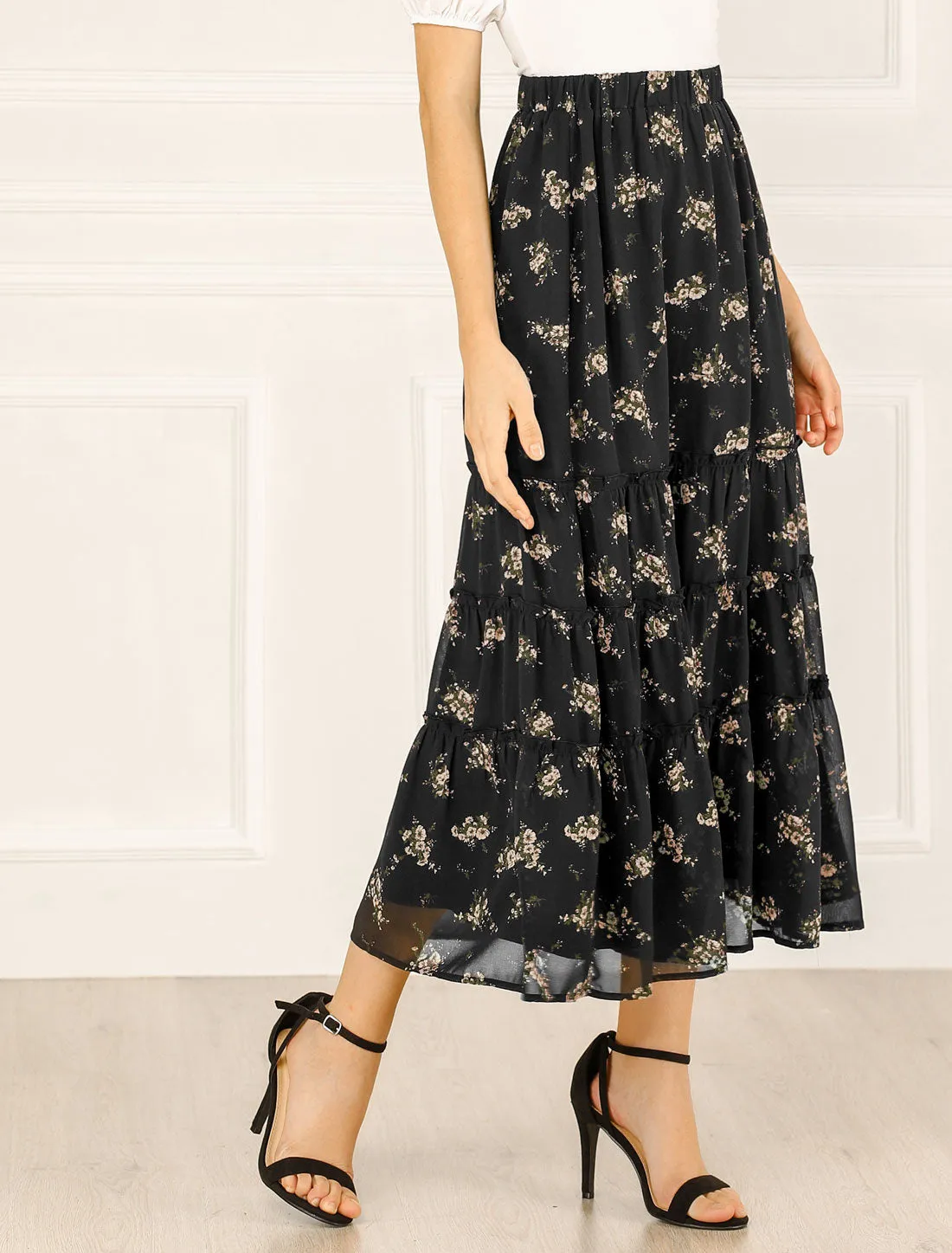 Chiffon Floral Printed Long Tiered Ruffle Boho Midi Skirt